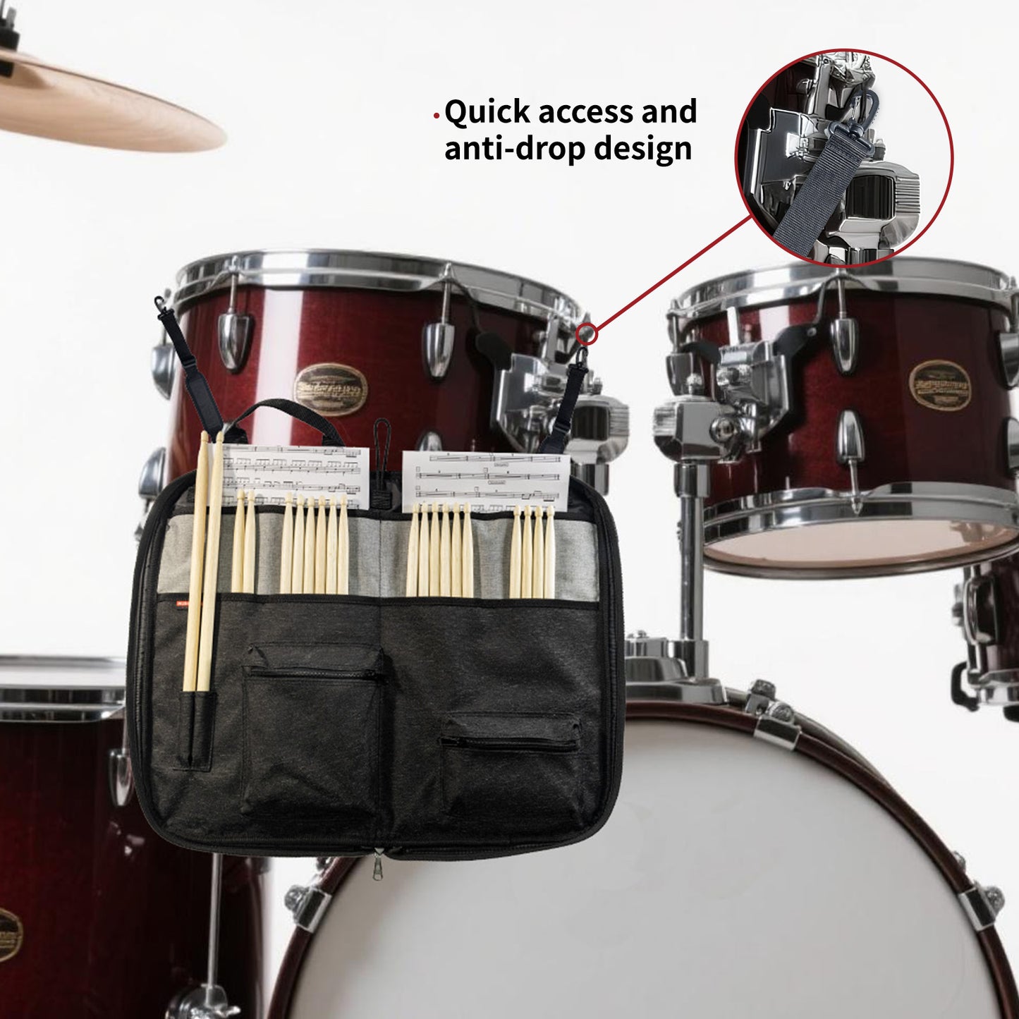 WISHMADE Drumsticks Bag - Large Capacity Drumstick Holder , Waterproof & Anti-Dust Design, Holds 15 Pairs with Durable Oxford Fabric, Crossbody Strap & Metal Hooks for Gigs, Band Practice, Student Performances