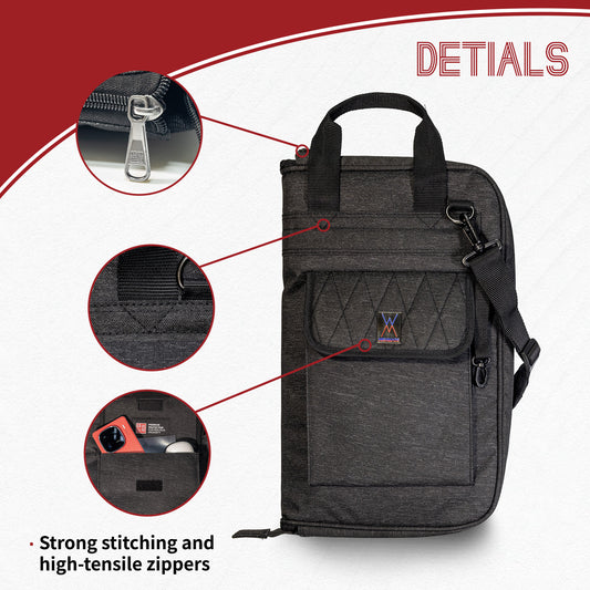 WISHMADE Drumsticks Bag - Large Capacity Drumstick Holder , Waterproof & Anti-Dust Design, Holds 15 Pairs with Durable Oxford Fabric, Crossbody Strap & Metal Hooks for Gigs, Band Practice, Student Performances