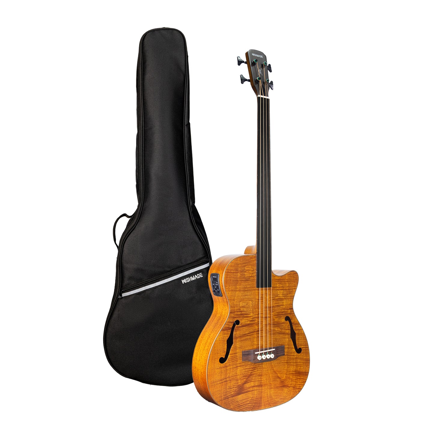WISHMADE 4 String Electric travel bass guitars with F-Holes| Acoustic Bass Guitar for bandsman | Flamed Maple Top With Gig Bag