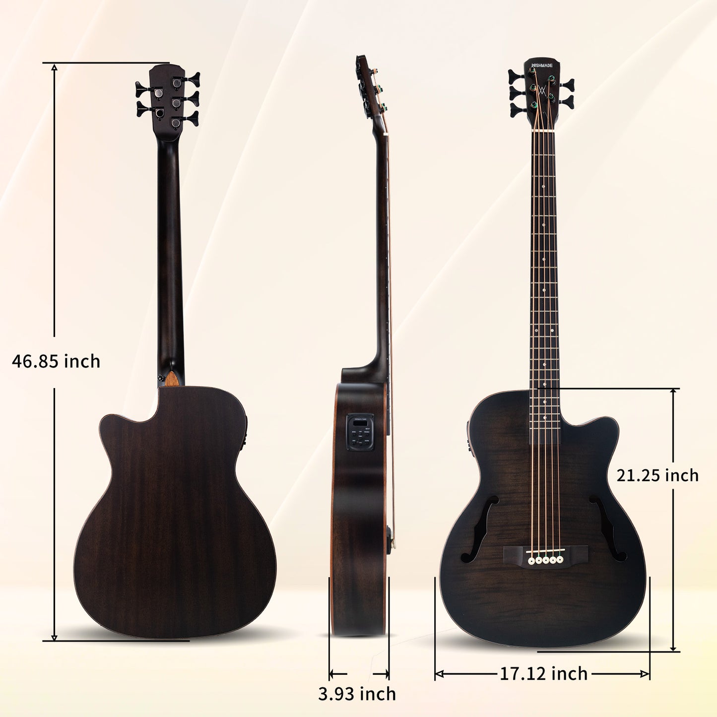 WISHMADE Acoustic Bass Guitar with F-Holes | 5 String Bass Guitar forbandsman adults, Flamed Maple Top With Gig Bag