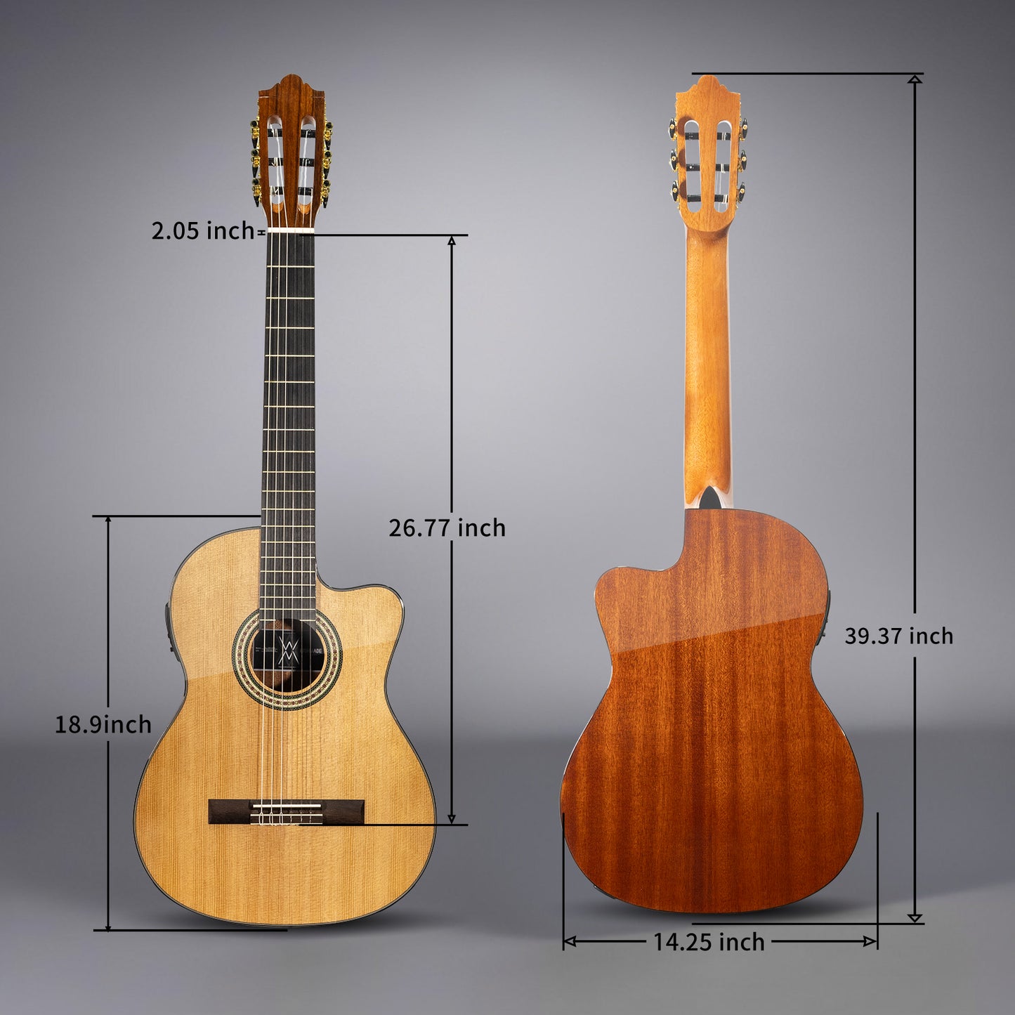 Wishmade Thin Body Acoustic-Electric Guitar, - 39 Inch Nylon String Guitar for Beginner Adults -Natural