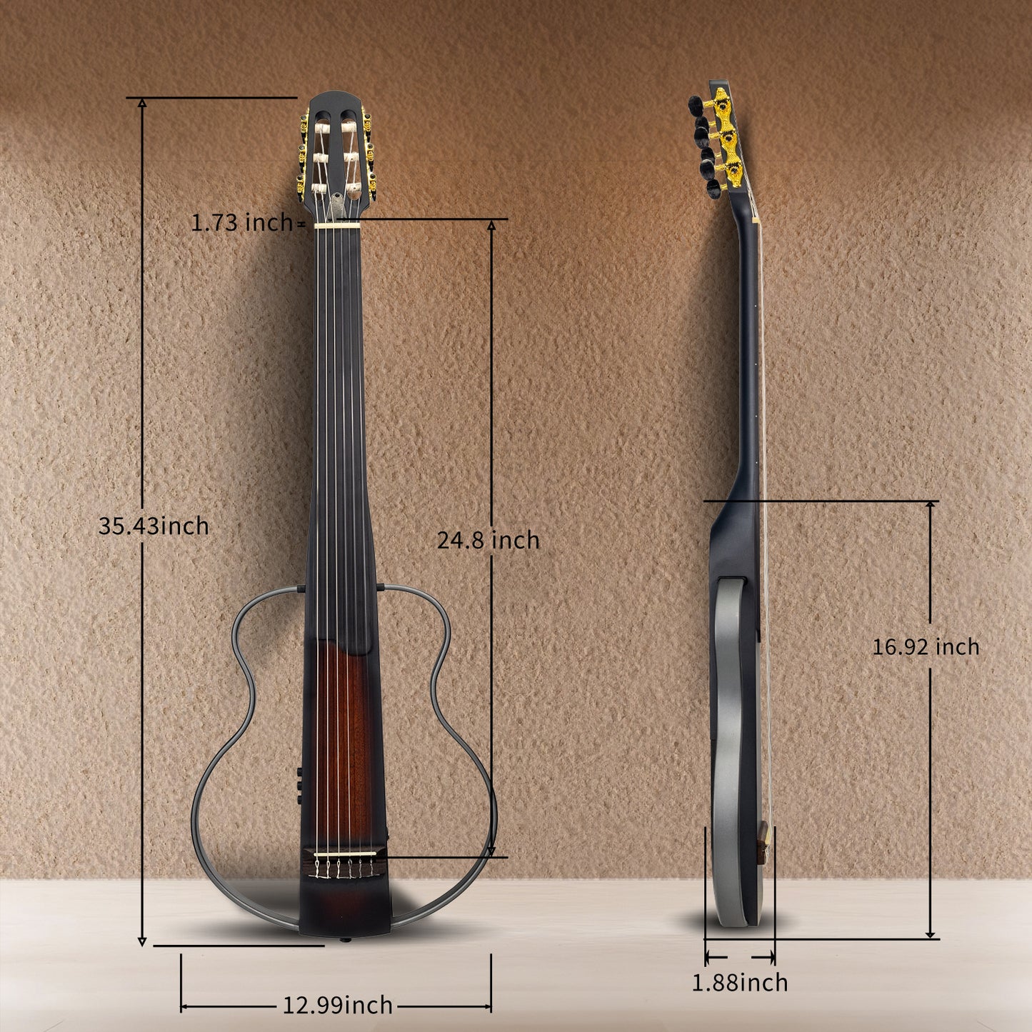 WISHMADE Fretless Silent Travel Guitar| Electric Classical Guitar Classic Nylon String |Mahogany Body with Removable Frames, Gig Bag