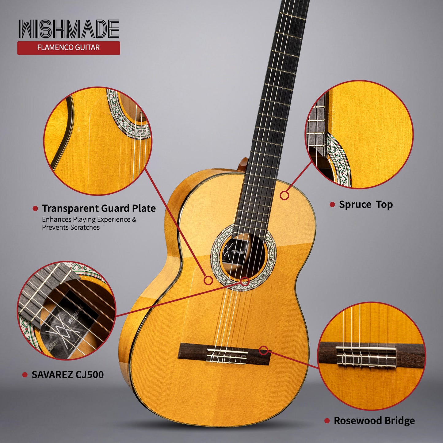Wishmade GLF-240 Flamenco Guitar - 39 Inch Classical Acoustic Nylon String Guitar for Beginner Adults with Gig Bag