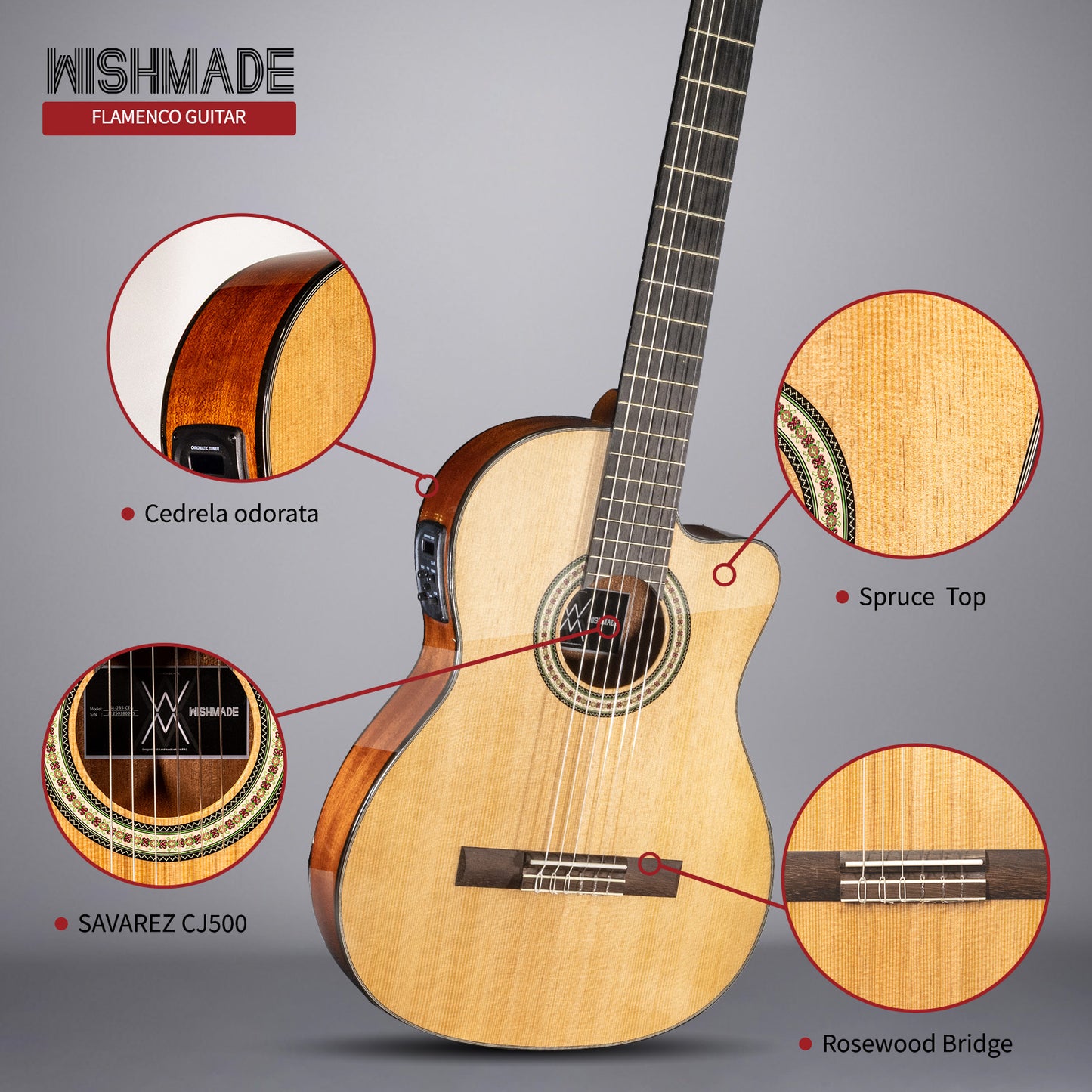 Wishmade Thin Body Acoustic-Electric Guitar, - 39 Inch Nylon String Guitar for Beginner Adults -Natural