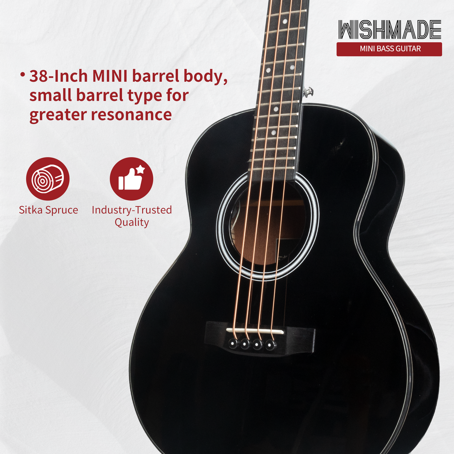 WISHMADE mini acoustic guitar| Electric travel bass guitars for beginners | Mahogany Construction, Spruce Top with Gig Bag