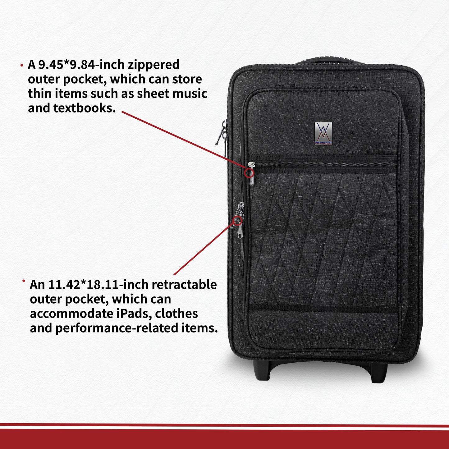 Wishmade CJ100 Cajon Box Drum Bag with Retractable Handle & Wheels ,Waterproof Armor & 2" Shock-Absorbing Padding