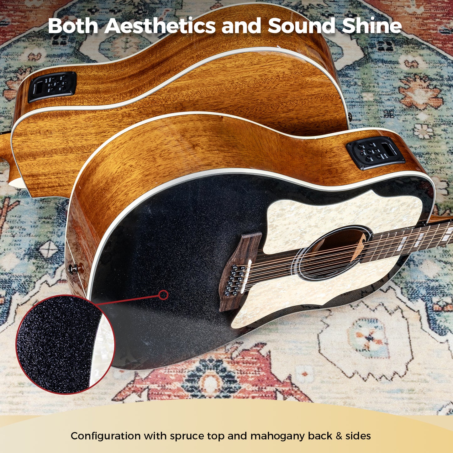 WishMade 12-String Acoustic-Electric Guitar with Spruce Top, Mahogany Back & Sides, Round Shoulder Cutaway and Dual Pickguards for Live Performance