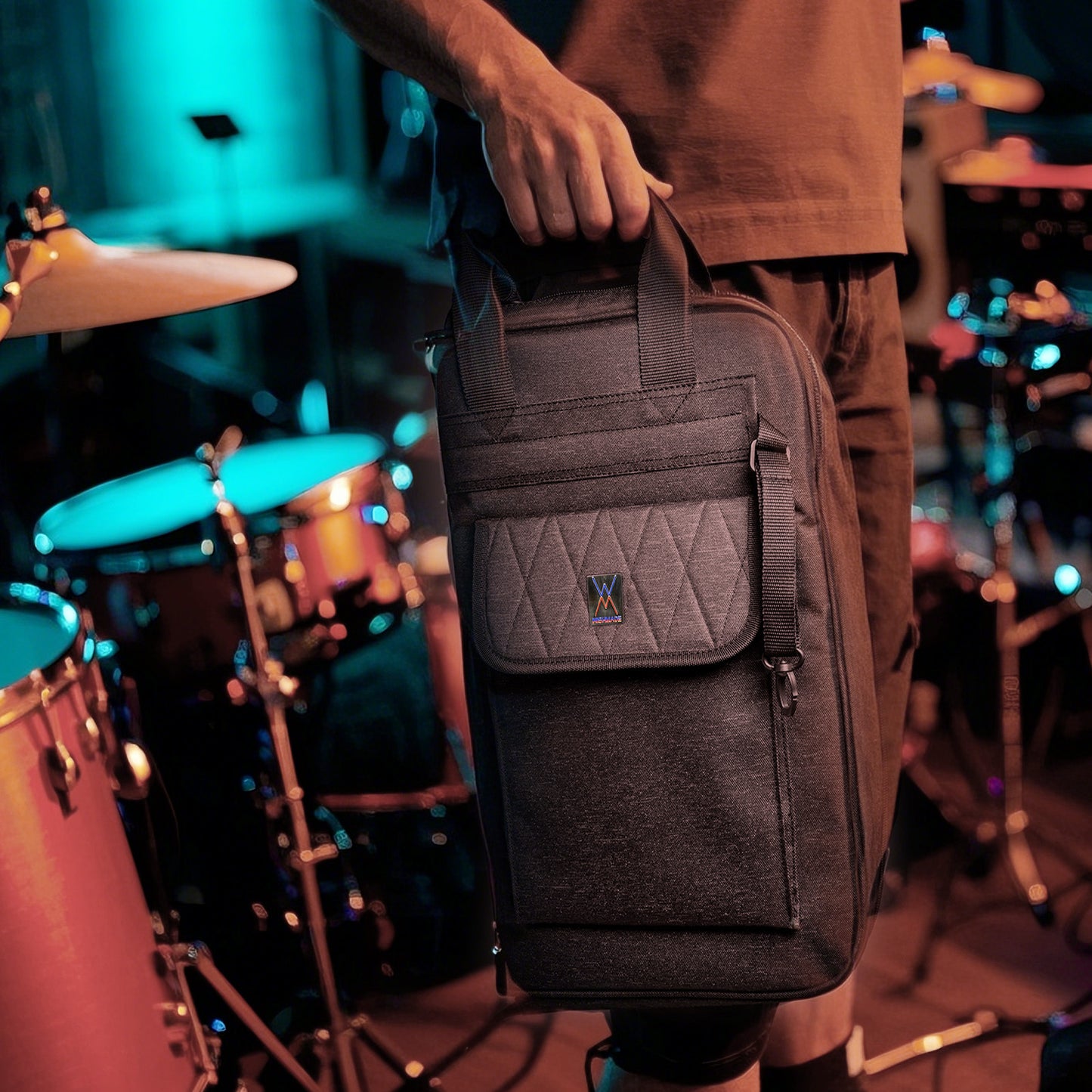 WISHMADE Drumsticks Bag - Large Capacity Drumstick Holder , Waterproof & Anti-Dust Design, Holds 15 Pairs with Durable Oxford Fabric, Crossbody Strap & Metal Hooks for Gigs, Band Practice, Student Performances