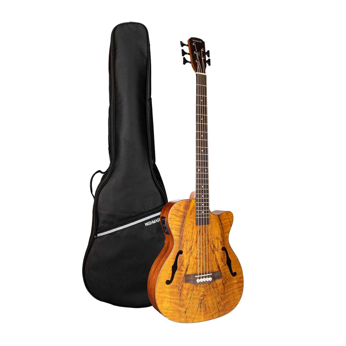 WISHMADE Acoustic 5 String Bass Guitar, Hollow-Body Electric Guitar with F-Holes for adults, Flamed Maple Top With Gig Bag