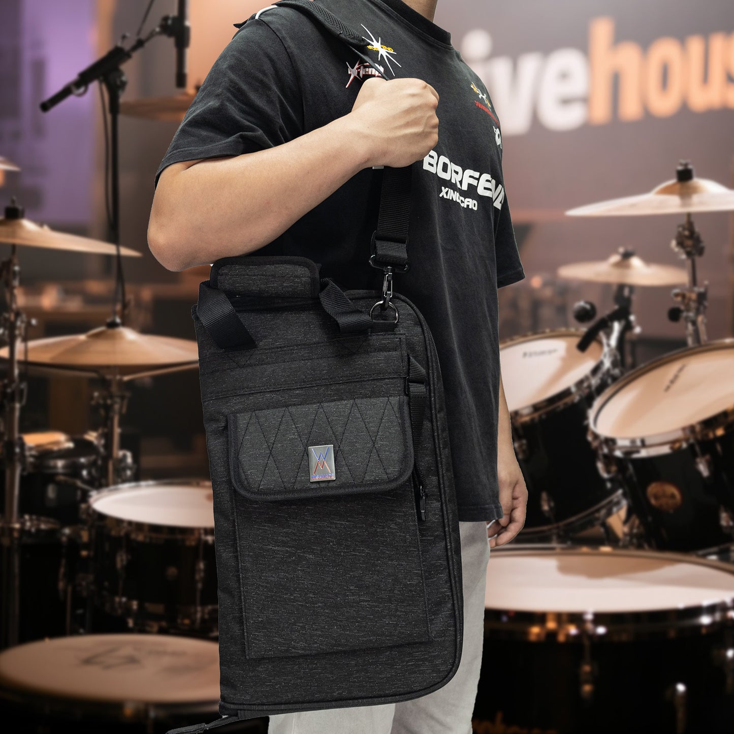 WISHMADE Drumsticks Bag - Large Capacity Drumstick Holder , Waterproof & Anti-Dust Design, Holds 15 Pairs with Durable Oxford Fabric, Crossbody Strap & Metal Hooks for Gigs, Band Practice, Student Performances