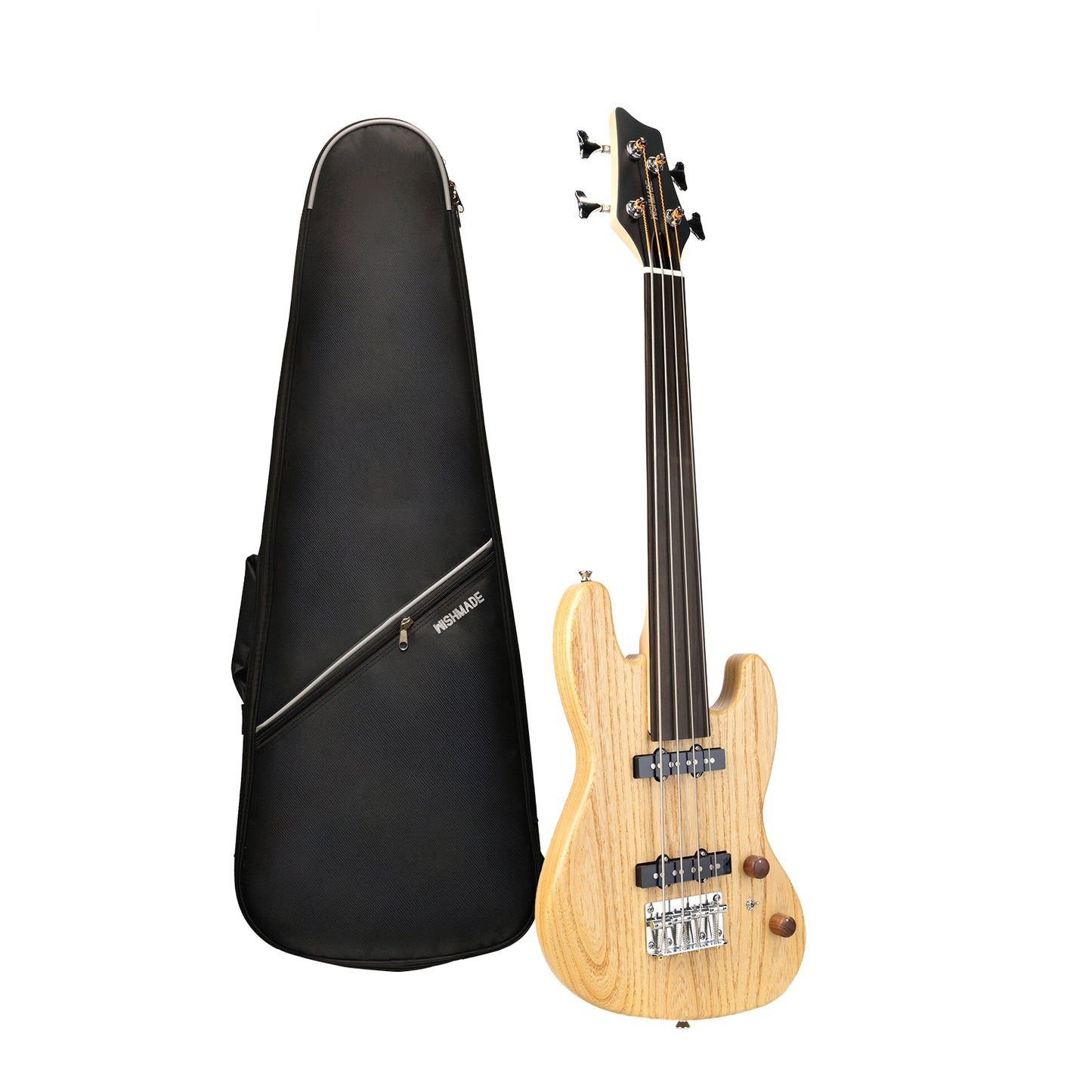 Wishmade Fretless Mini Bass Guitar,Portable Small Size Guitar with Gigbag,Maple Neck,HH.