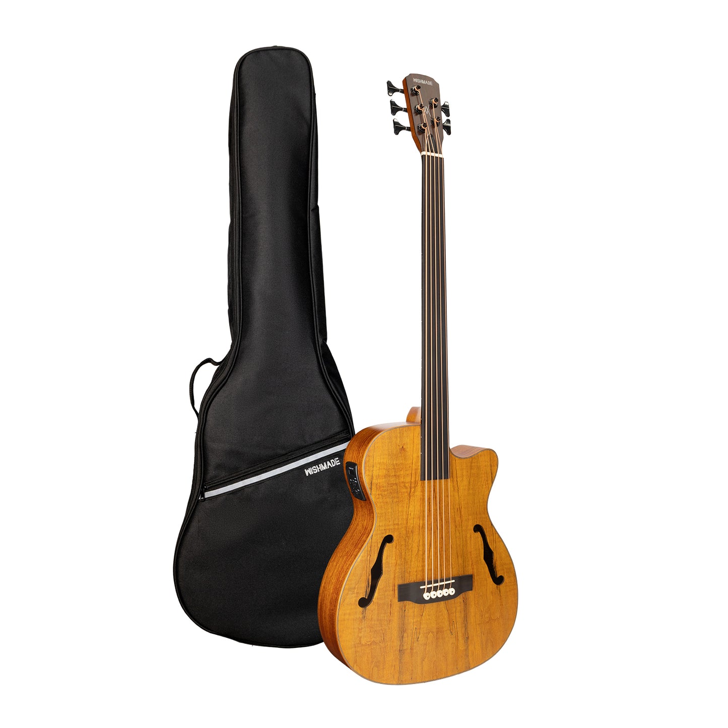 WISHMADE Acoustic 5 String Bass Guitar, Hollow-Body Electric Guitar with F-Holes for adults, Flamed Maple Top With Gig Bag