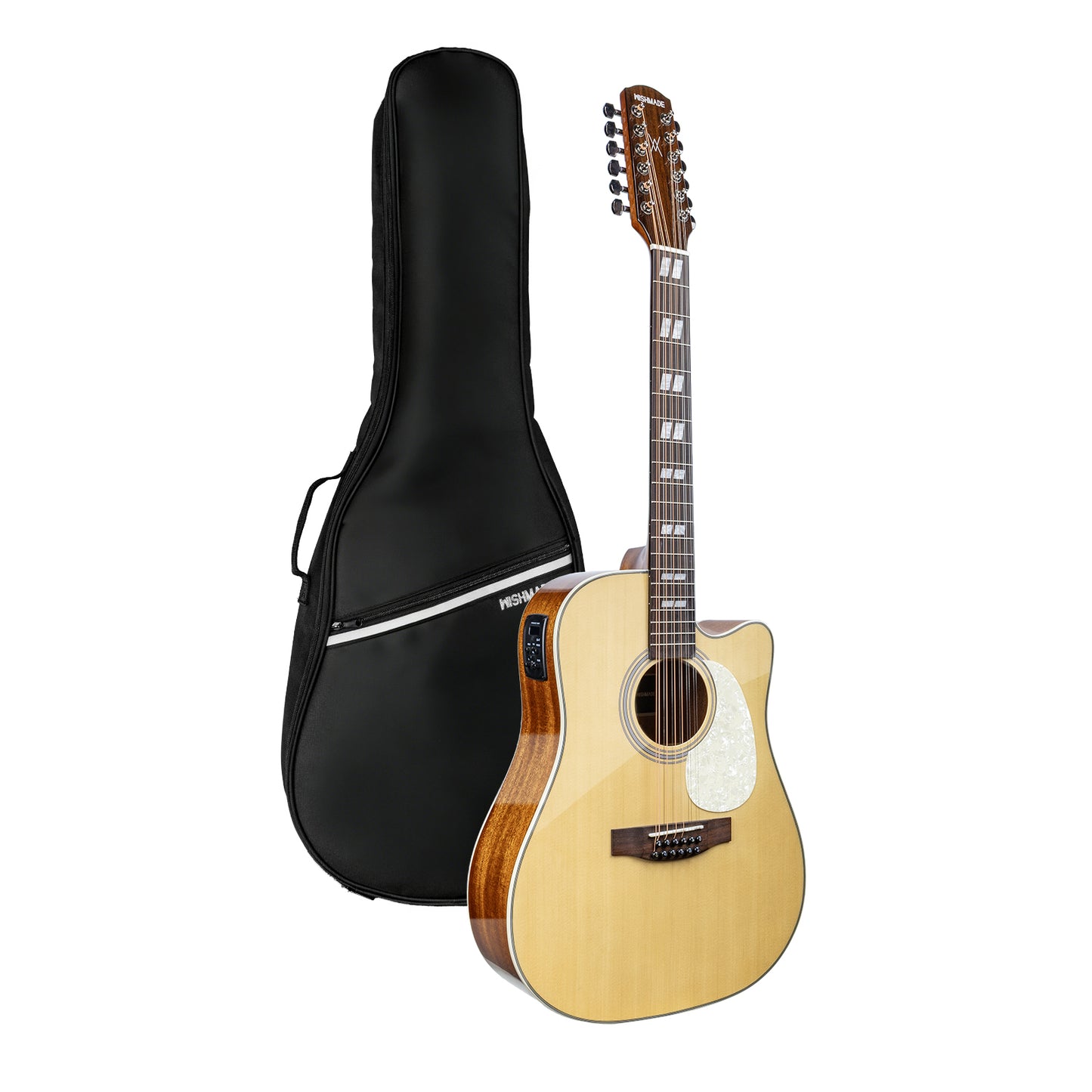 WishMade 12-String Acoustic-Electric Guitar with Spruce Top, Mahogany Back & Sides, Round Shoulder Cutaway and Dual Pickguards for Live Performance