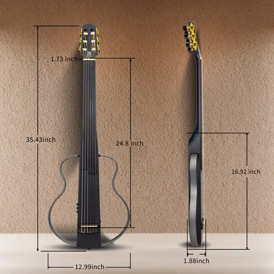 WISHMADE Fretless Silent Travel  Guitar|  Electric Classical Guitar Classic Nylon String |Mahogany Body with Removable Frames, Gig Bag