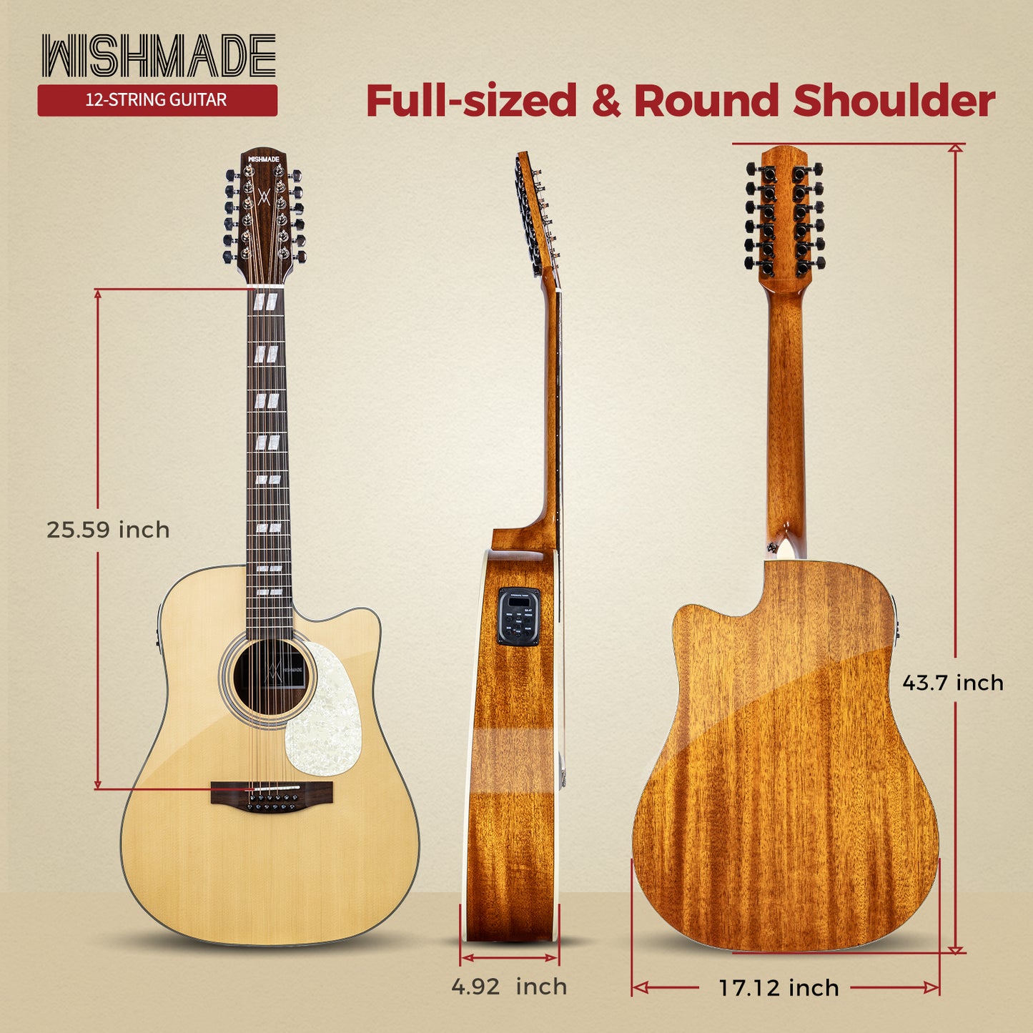 WishMade 12-String Acoustic-Electric Guitar with Spruce Top, Mahogany Back & Sides, Round Shoulder Cutaway and Dual Pickguards for Live Performance