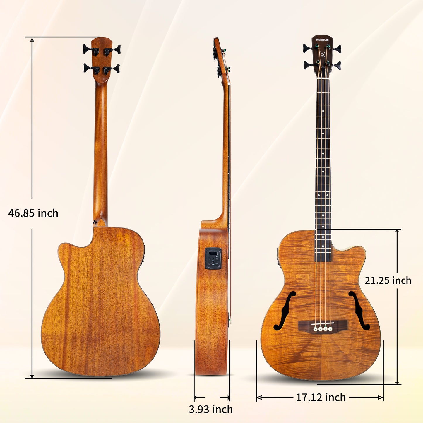 WISHMADE  Electric travel bass guitars  with F-Holes|   Acoustic Bass Guitar  for bandsman |  Flamed Maple Top With Gig Bag