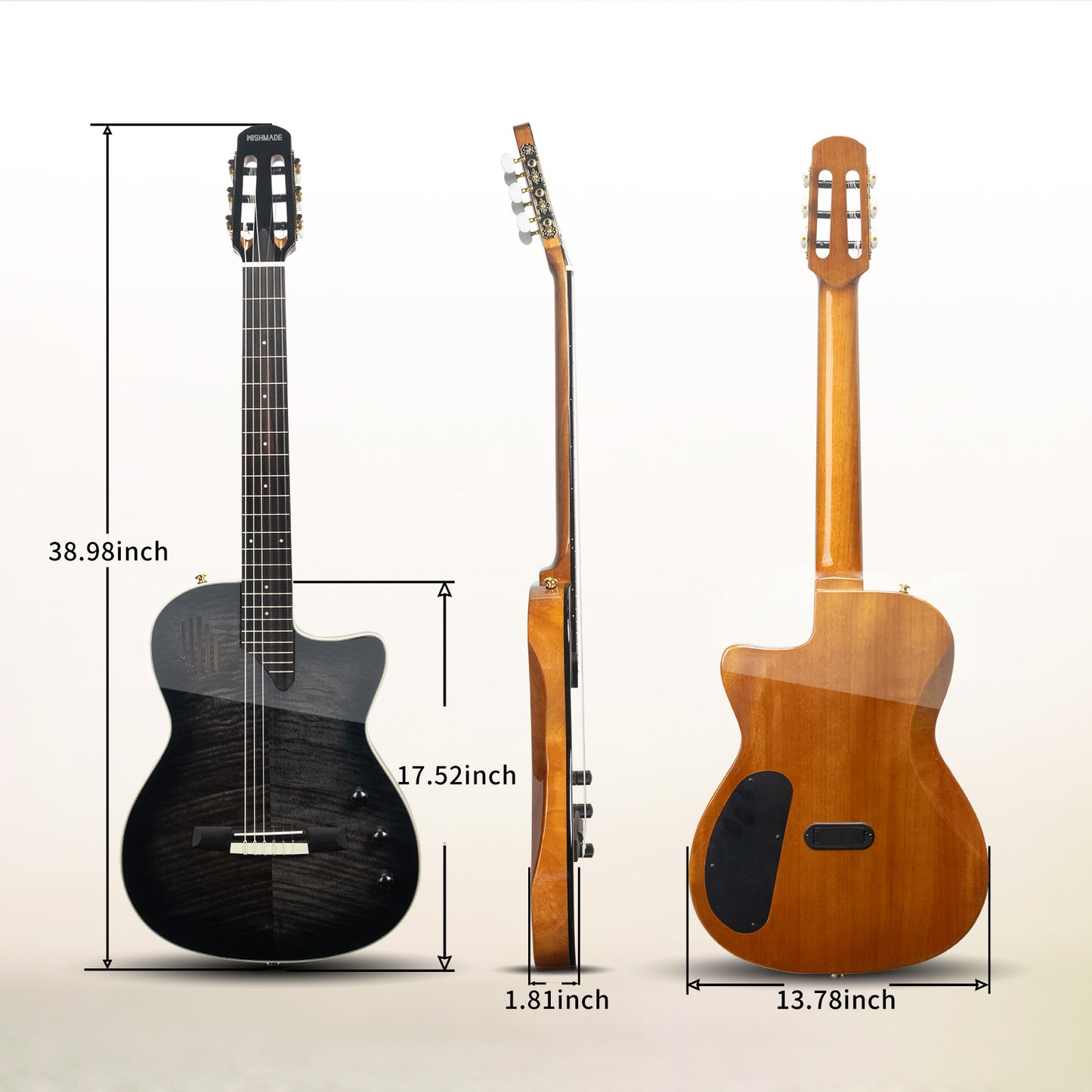 Wishmade Electric Classical Guitar Classic Nylon String ,thin body acoustic guitar for adults， Solid Spruce Top, Chambered Solid Body, Cutaway, Recycled Nylon Shell Gig-Bag