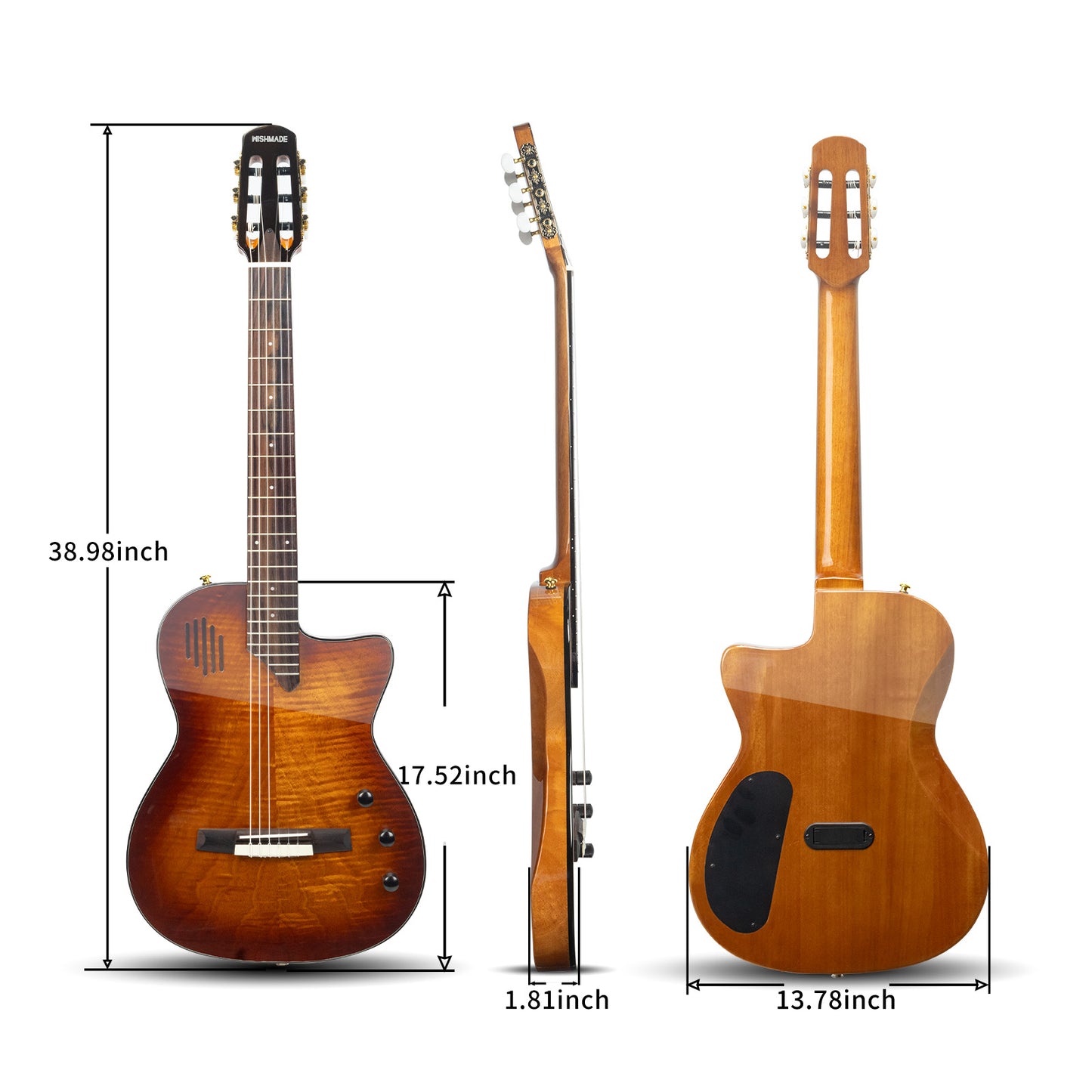 Wishmade Electric Classical Guitar Classic Nylon String ,thin body acoustic guitar for adults， Solid Spruce Top, Chambered Solid Body, Cutaway, Recycled Nylon Shell Gig-Bag