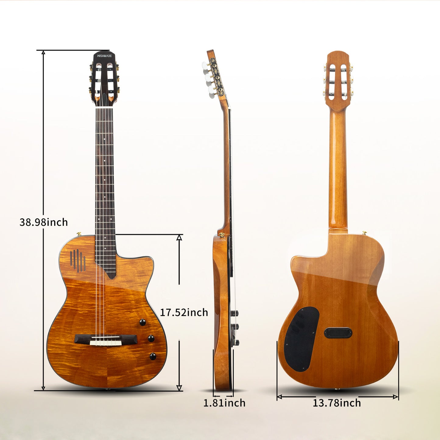 Wishmade Electric Classical Guitar Classic Nylon String ,thin body acoustic guitar for adults， Solid Spruce Top, Chambered Solid Body, Cutaway, Recycled Nylon Shell Gig-Bag