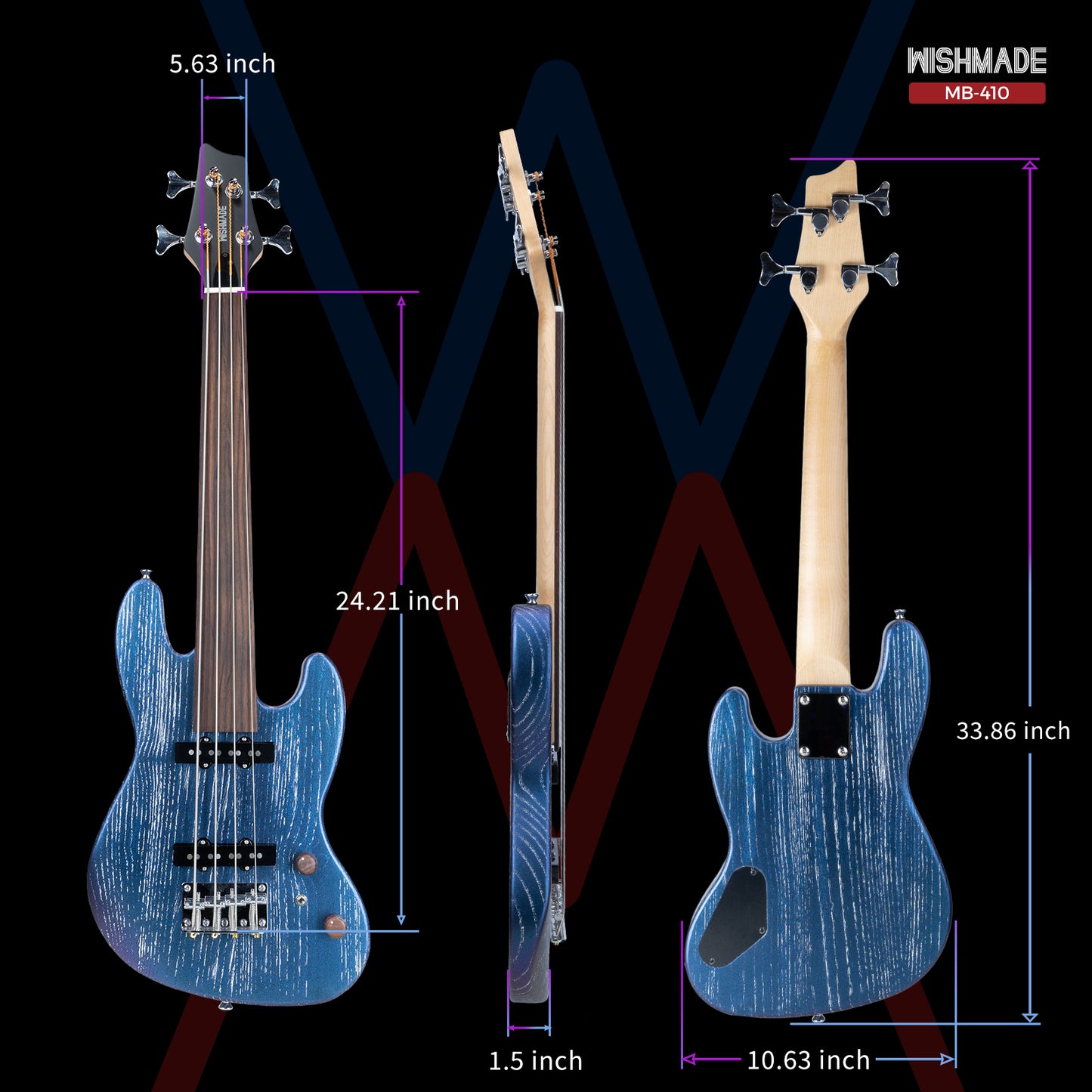 Wishmade Fretless Mini Bass Guitar,Portable Small Size Guitar with Gigbag,Maple Neck,HH.