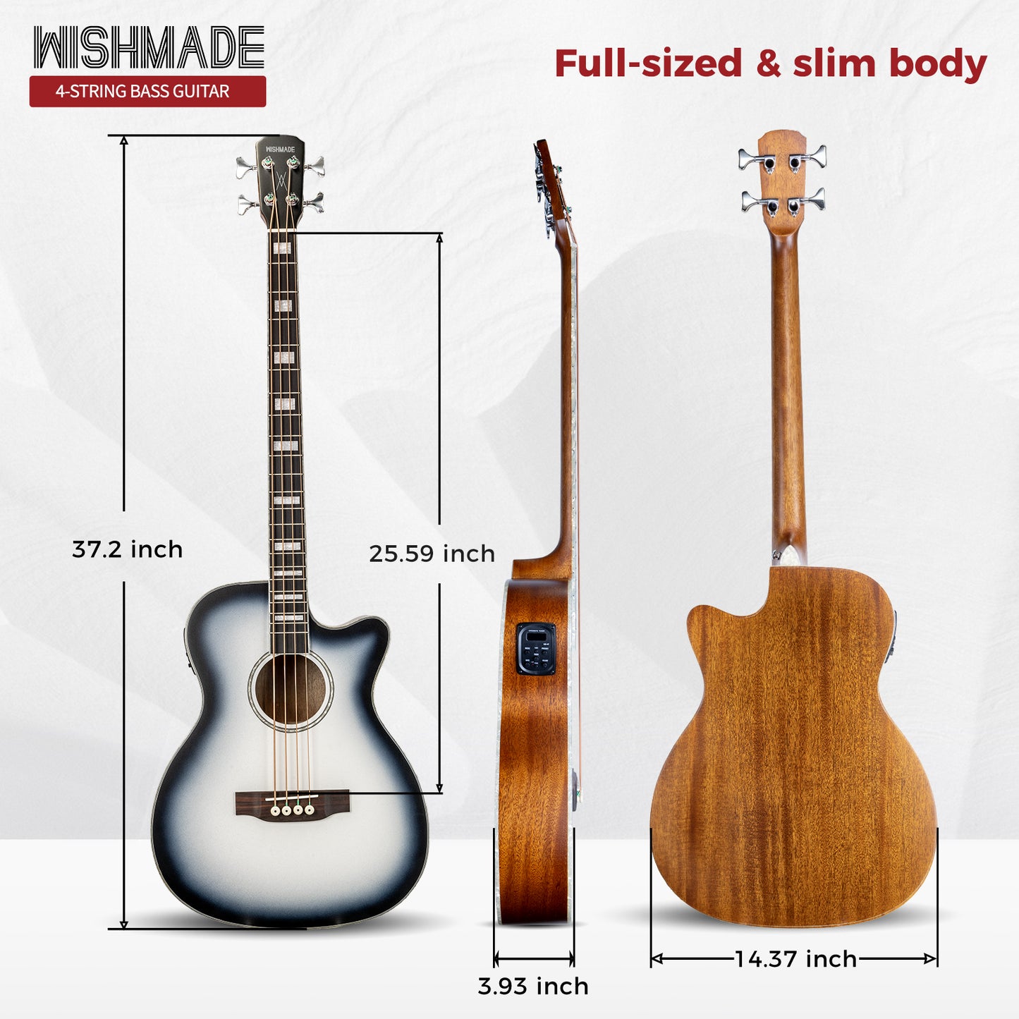WishMade Acoustic Electric Bass Guitar,Sitka Spruce Top, Mahogany Fingerboard and Back&Sides, Suitable for Beginners and Adults