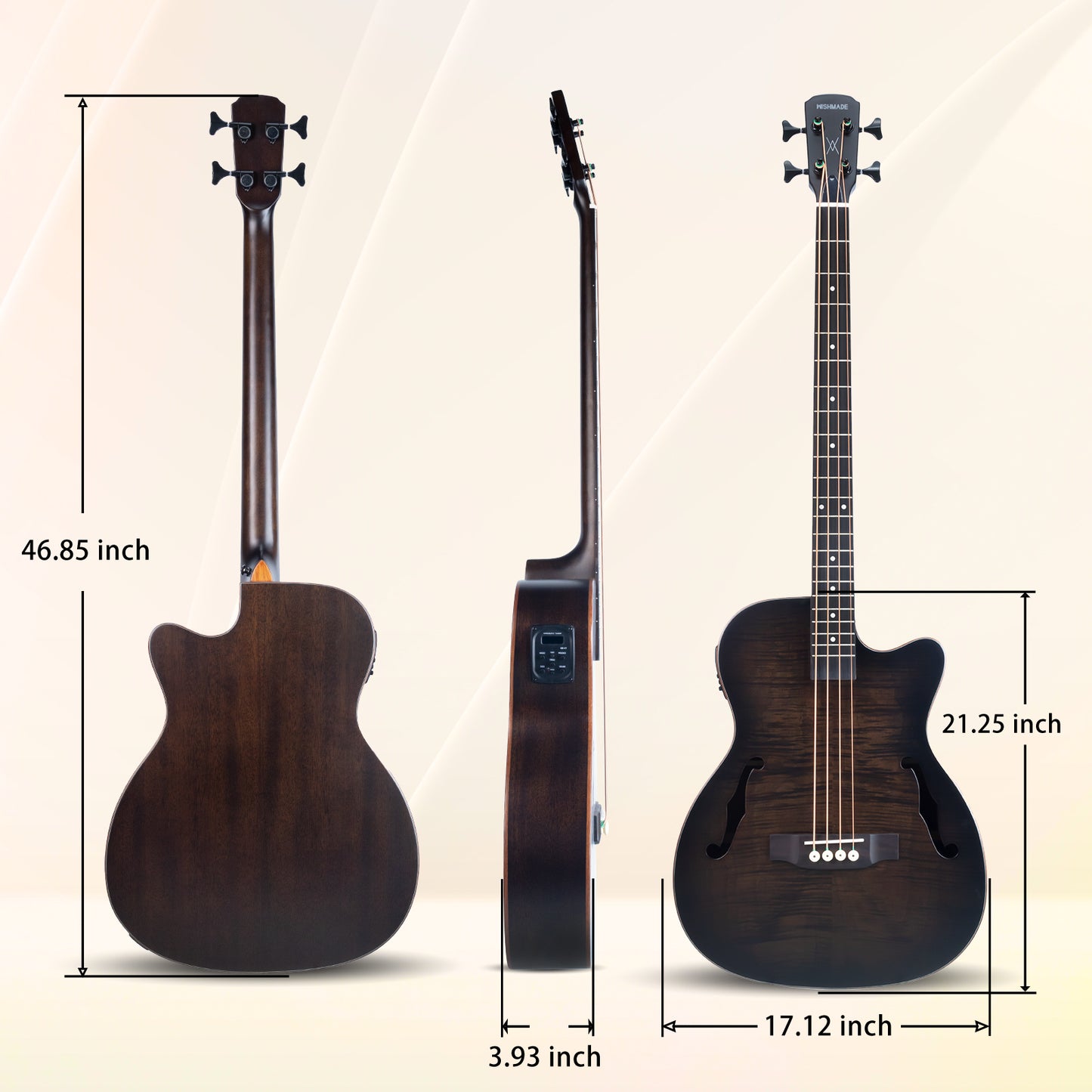 WISHMADE  Electric travel bass guitars  with F-Holes|   Acoustic Bass Guitar  for bandsman |  Flamed Maple Top With Gig Bag