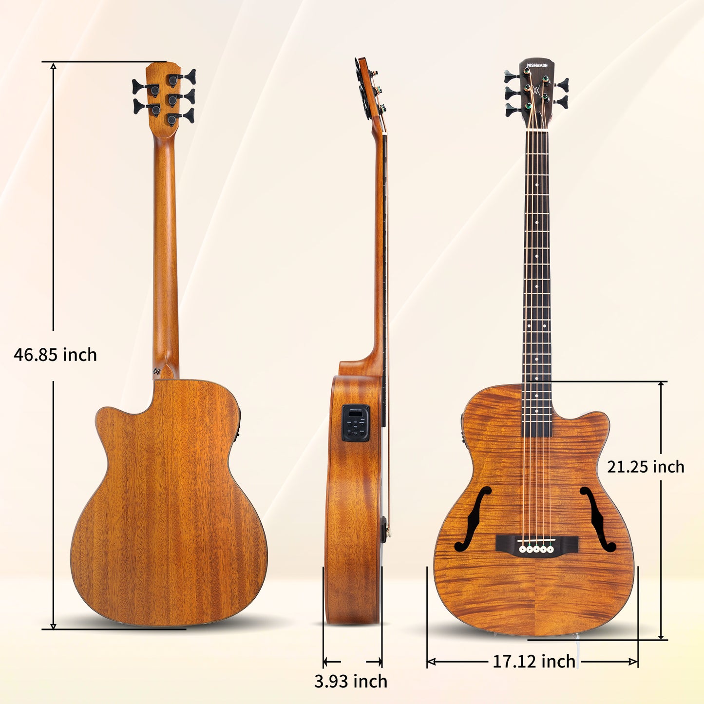 WISHMADE  Acoustic Bass Guitar with F-Holes | 5 String Bass Guitar forbandsman adults, Flamed Maple Top With Gig Bag