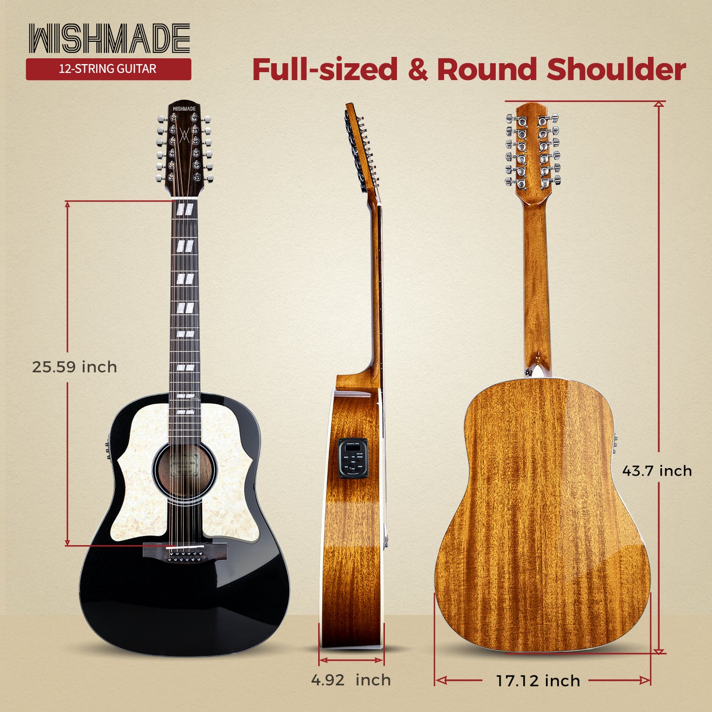 WishMade 12-String Acoustic-Electric Guitar with Spruce Top, Mahogany Back & Sides, Round Shoulder Cutaway and Dual Pickguards for Live Performance