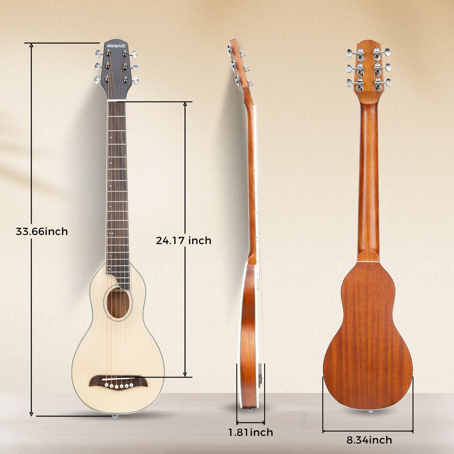 WishMade Small Body Acoustic Travel Guitar Portable Steel Guitar for Camping and Road Trips Gig Bag