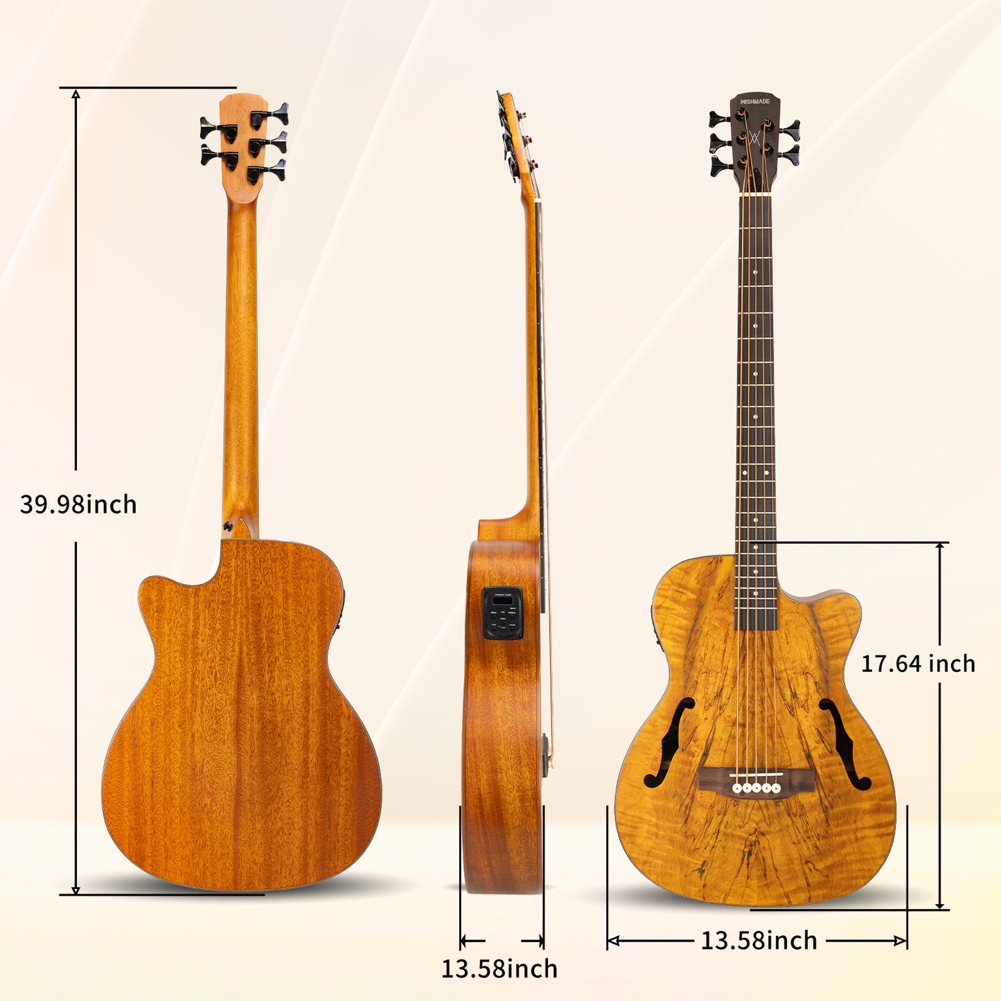 WISHMADE Acoustic 5 String Bass Guitar, Hollow-Body Electric Guitar with F-Holes for adults, Flamed Maple Top With Gig Bag