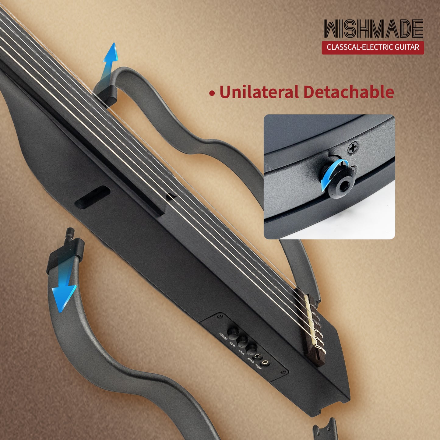 WISHMADE Fretless Silent Travel  Guitar|  Electric Classical Guitar Classic Nylon String |Mahogany Body with Removable Frames, Gig Bag