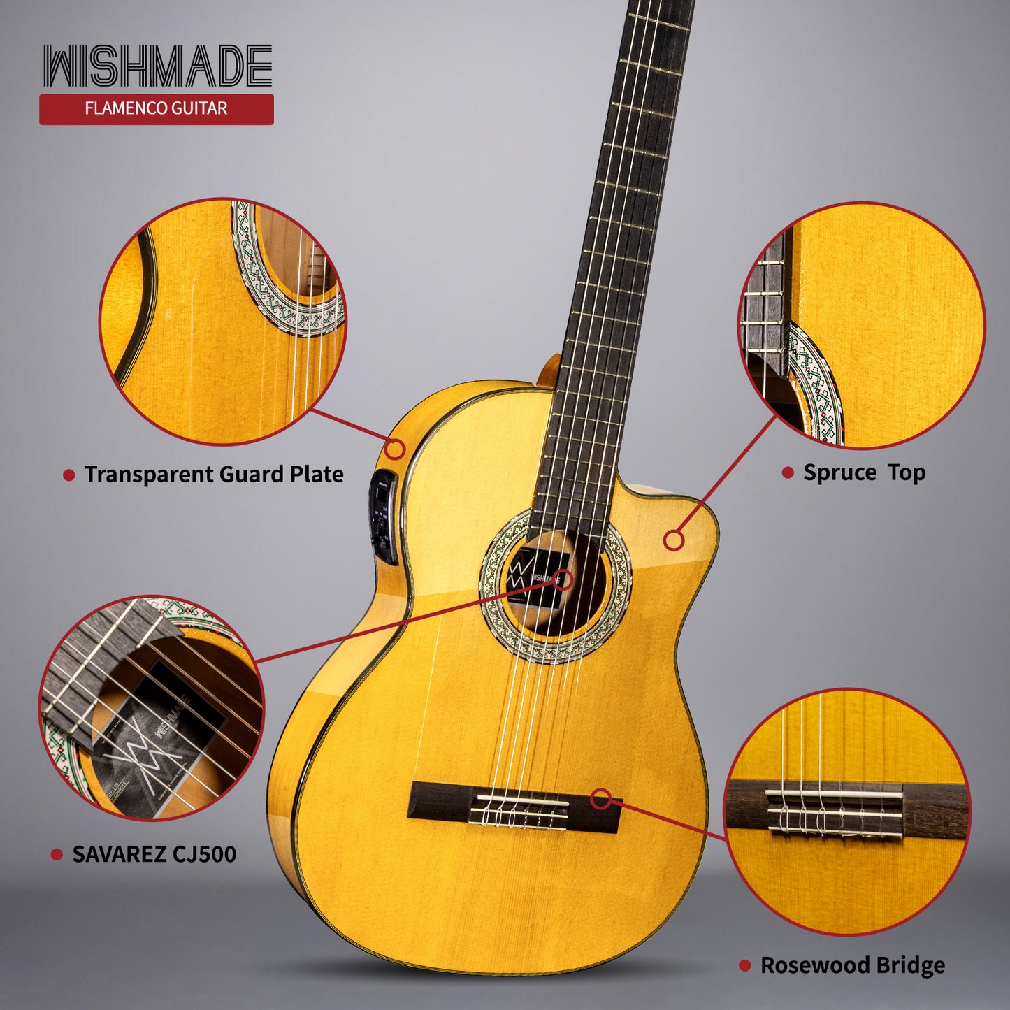 Wishmade  Flamenco Guitar - 39 Inch Electric Classical  Nylon String Guitar for Beginner Adults with Gig Bag