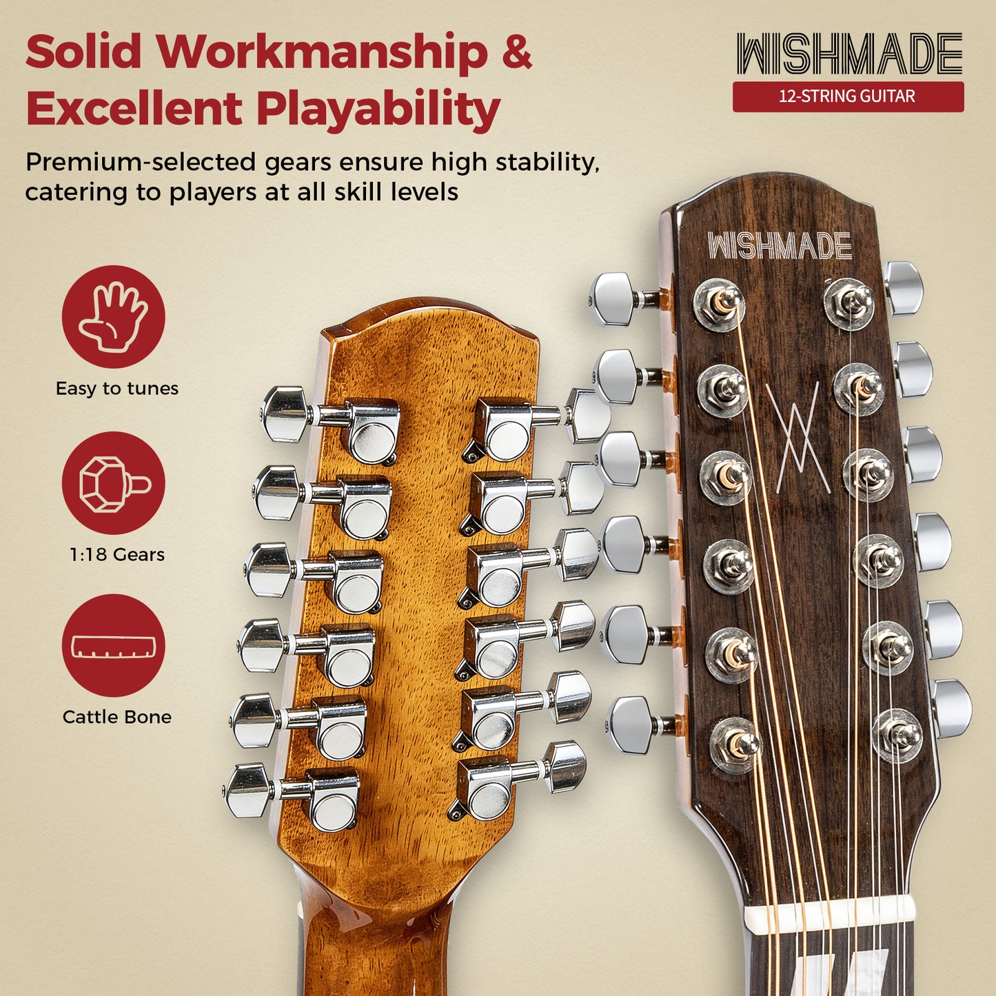 WishMade 12-String Acoustic-Electric Guitar with Spruce Top, Mahogany Back & Sides, Round Shoulder Cutaway and Dual Pickguards for Live Performance