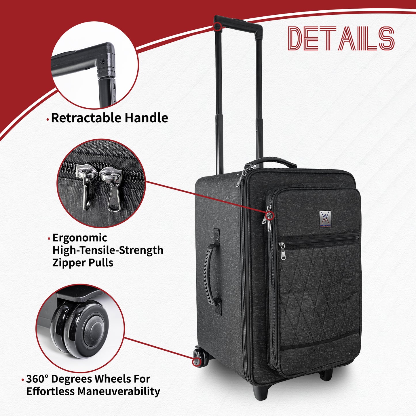 Wishmade CJ100 Cajon Box Drum Bag with Retractable Handle & Wheels ,Waterproof Armor & 2" Shock-Absorbing Padding