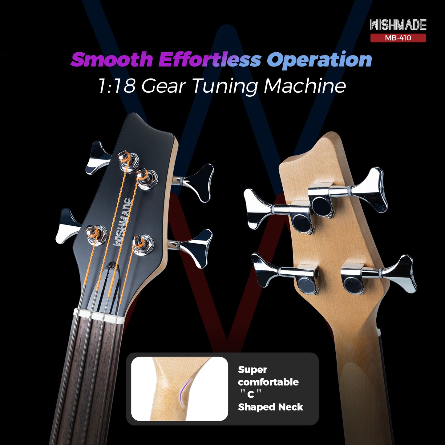 Wishmade Fretless Mini Bass Guitar,Portable Small Size Guitar with Gigbag,Maple Neck,HH.