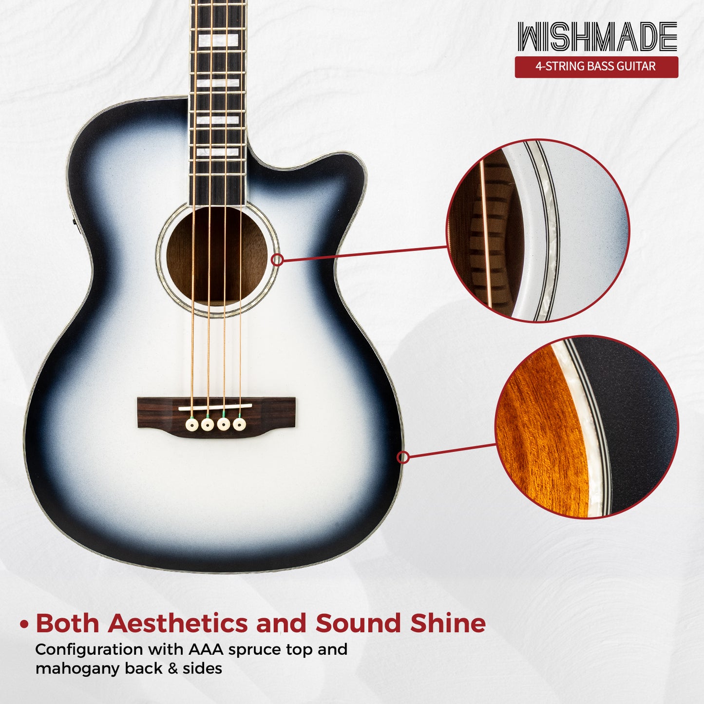 WishMade Acoustic Electric Bass Guitar,Sitka Spruce Top, Mahogany Fingerboard and Back&Sides, Suitable for Beginners and Adults