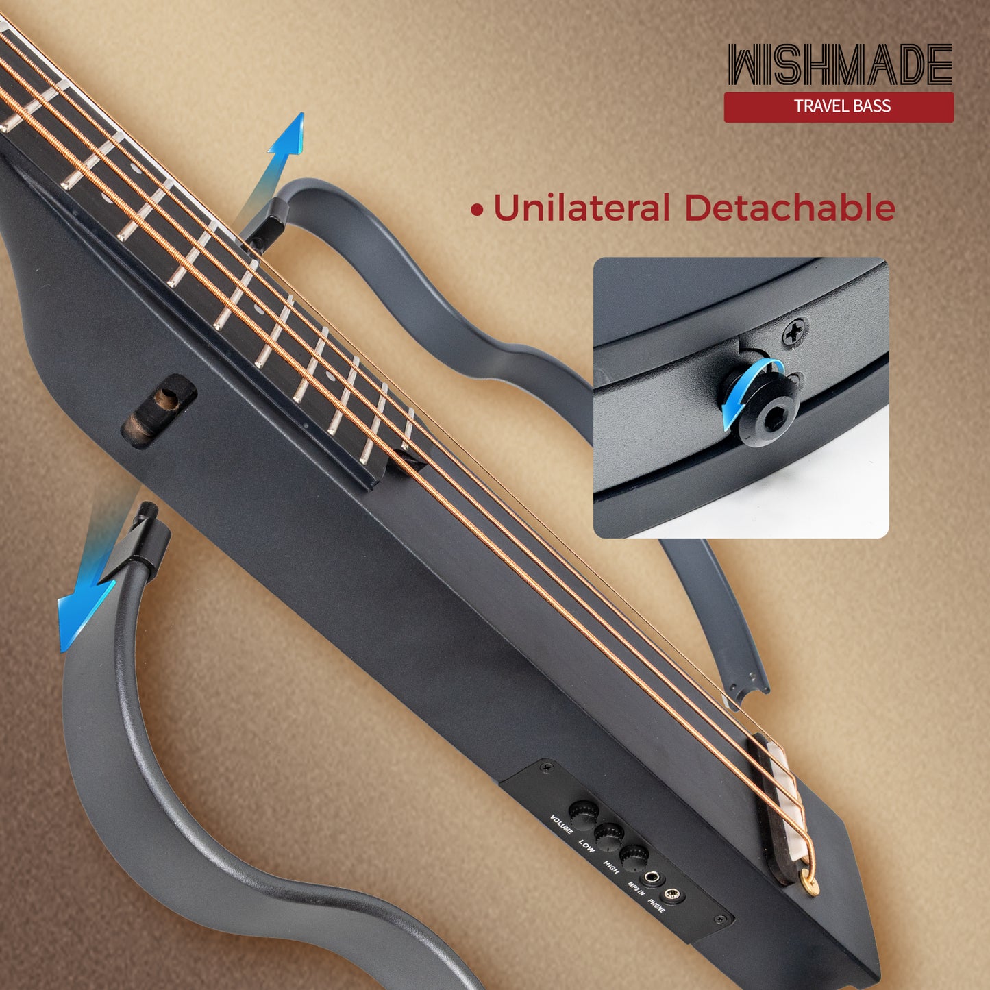 WishMade Silent Travel Bass Portable Electric Bass Guitar Mahogany Body Gig Bag