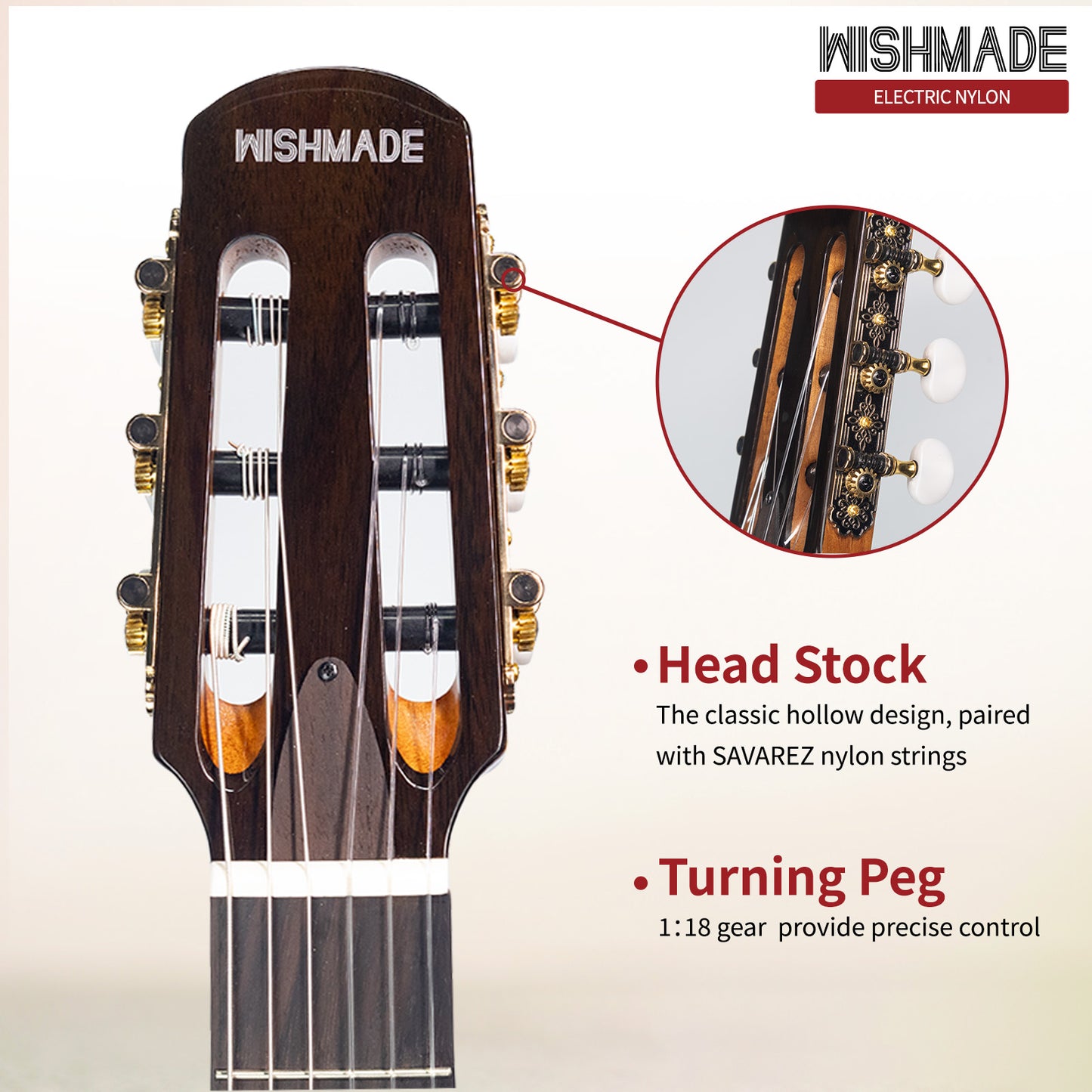 Wishmade Electric Classical Guitar Classic Nylon String ,thin body acoustic guitar for adults， Solid Spruce Top, Chambered Solid Body, Cutaway, Recycled Nylon Shell Gig-Bag