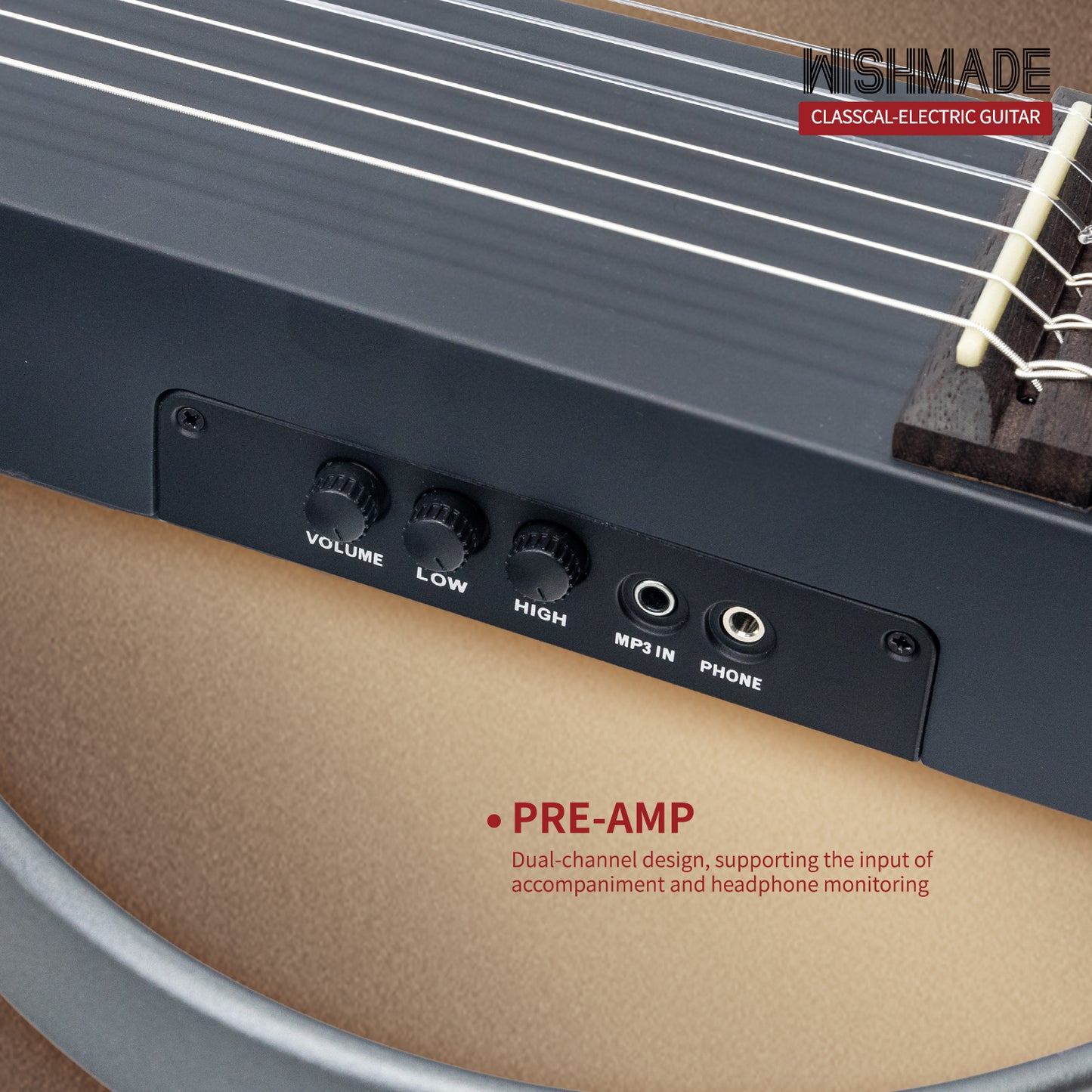 WISHMADE Fretless Silent Travel  Guitar|  Electric Classical Guitar Classic Nylon String |Mahogany Body with Removable Frames, Gig Bag