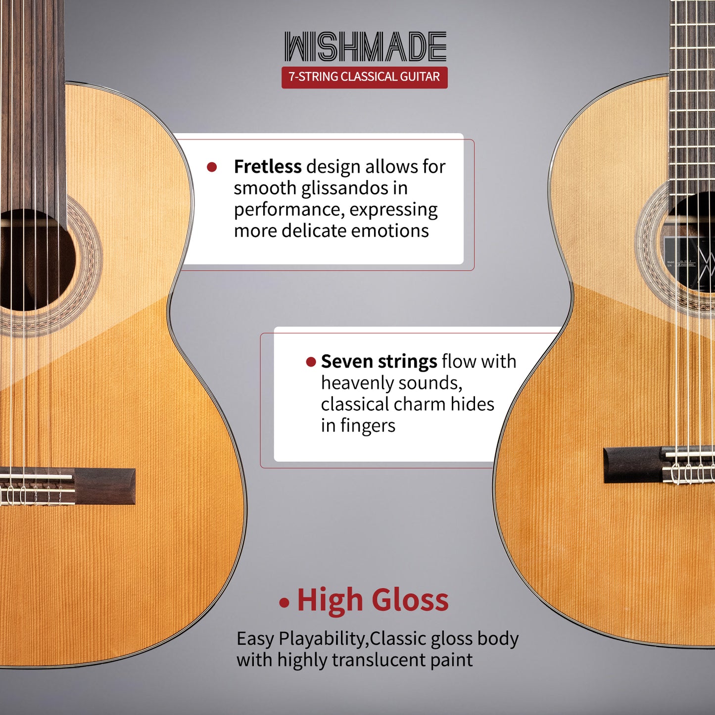WISHMADE  Fretless Classical Guitar,7 String Nylon Guitar,Full Size for Advanced Players