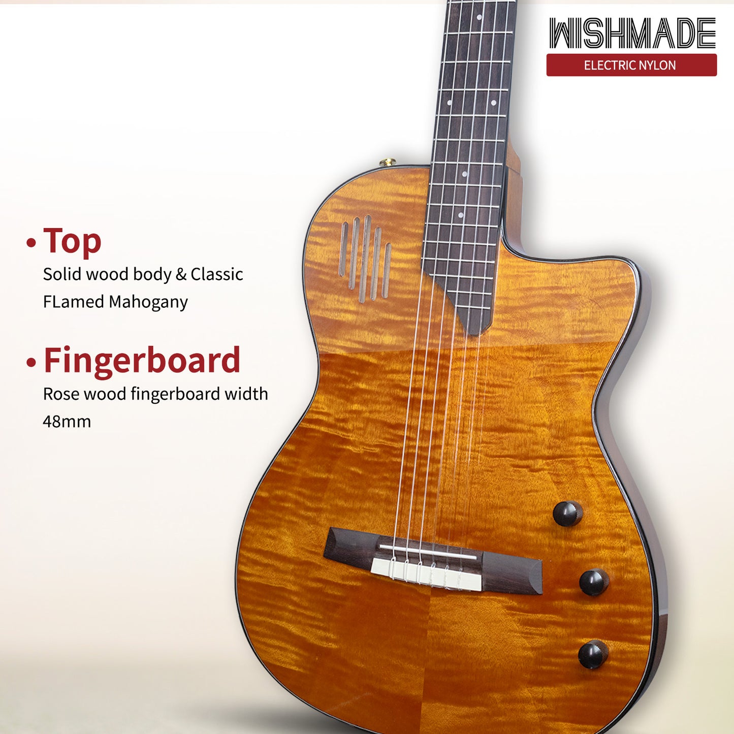 Wishmade Electric Classical Guitar Classic Nylon String ,thin body acoustic guitar for adults， Solid Spruce Top, Chambered Solid Body, Cutaway, Recycled Nylon Shell Gig-Bag