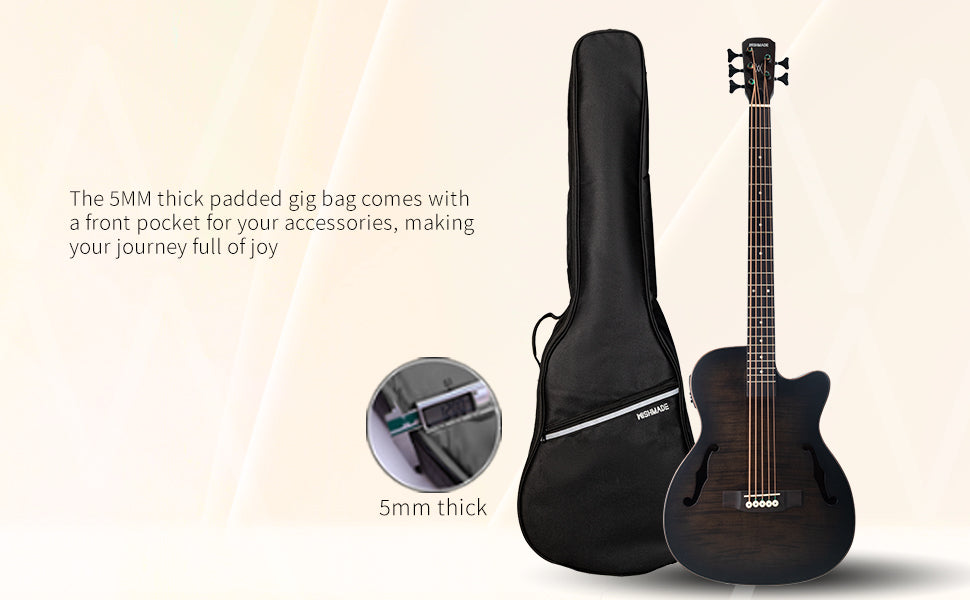 WISHMADE  Acoustic Bass Guitar with F-Holes | 5 String Bass Guitar forbandsman adults, Flamed Maple Top With Gig Bag