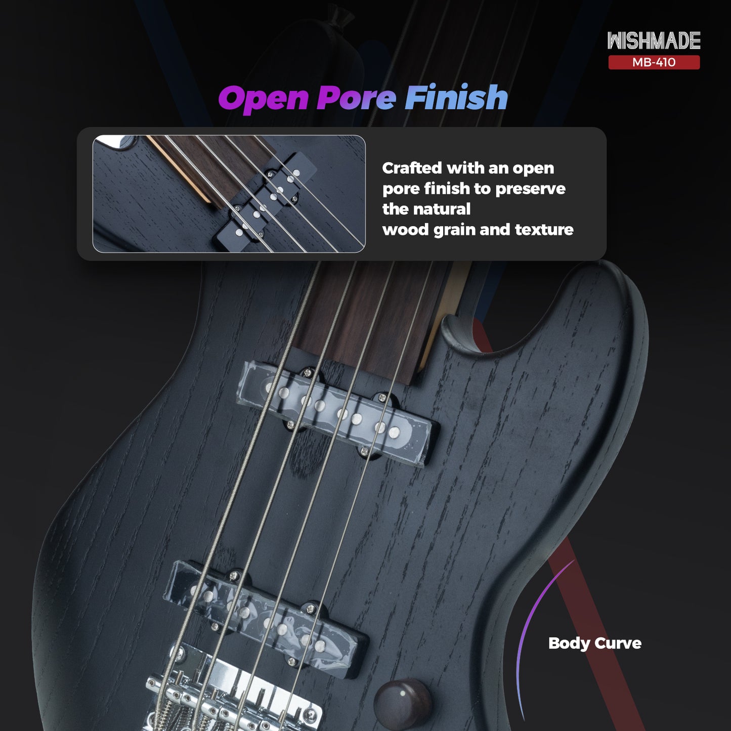 Wishmade Fretless Mini Bass Guitar,Portable Small Size Guitar with Gigbag,Maple Neck,HH.