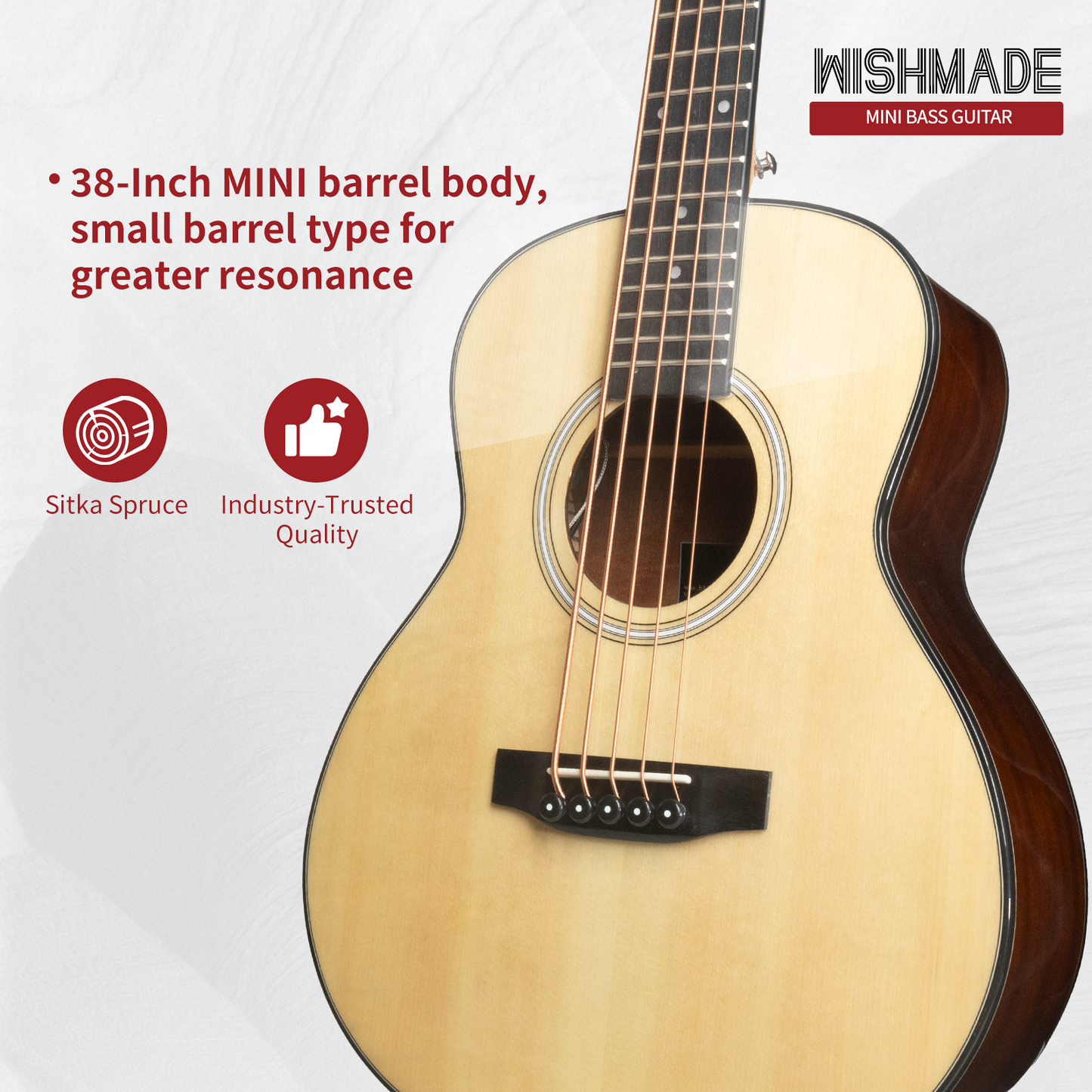WISHMADE 3/4 Acoustic Bass Guitar 5 string bass guitar With Gig Bag  - Black Guitar Body Natural Wood Finish for Kids Bass Guitar & Beginner Guitar for Adults Youth Practice