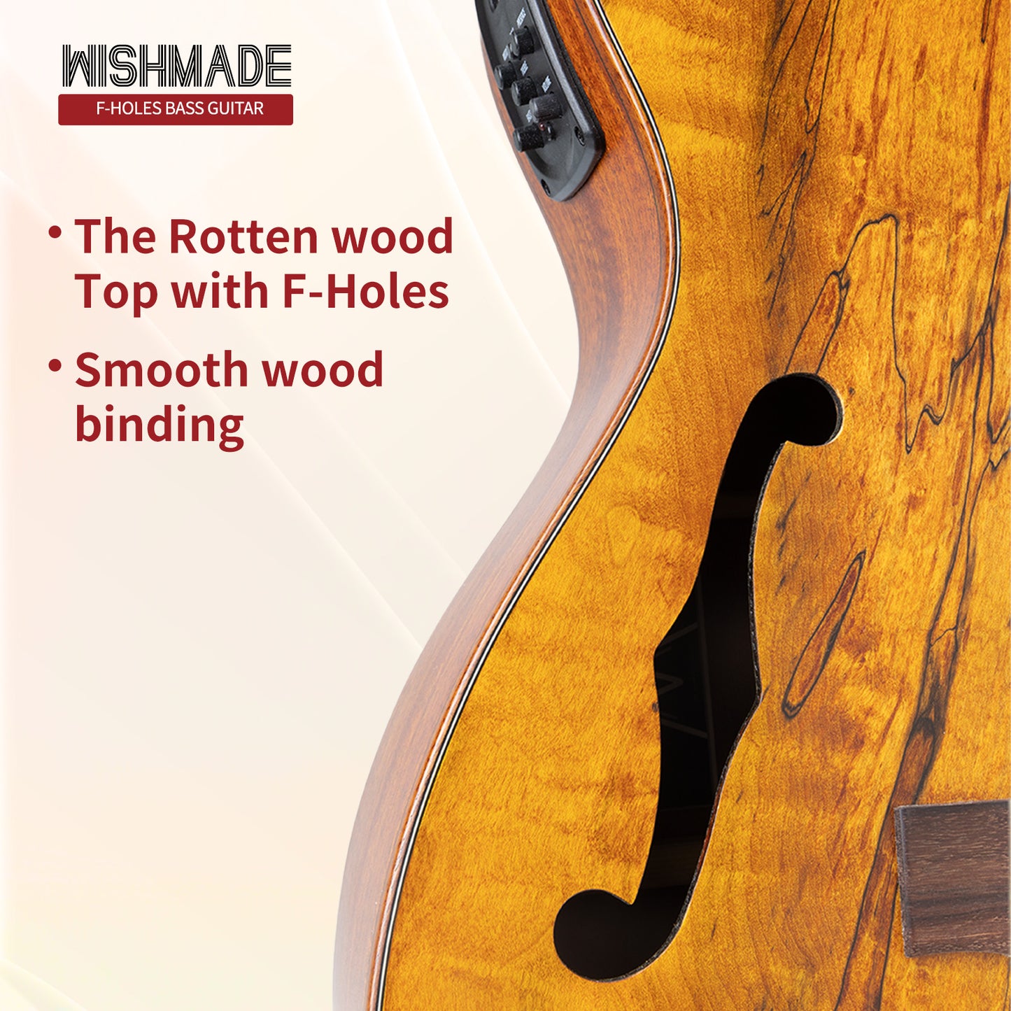 WISHMADE Acoustic 5 String Bass Guitar, Hollow-Body Electric Guitar with F-Holes for adults, Flamed Maple Top With Gig Bag