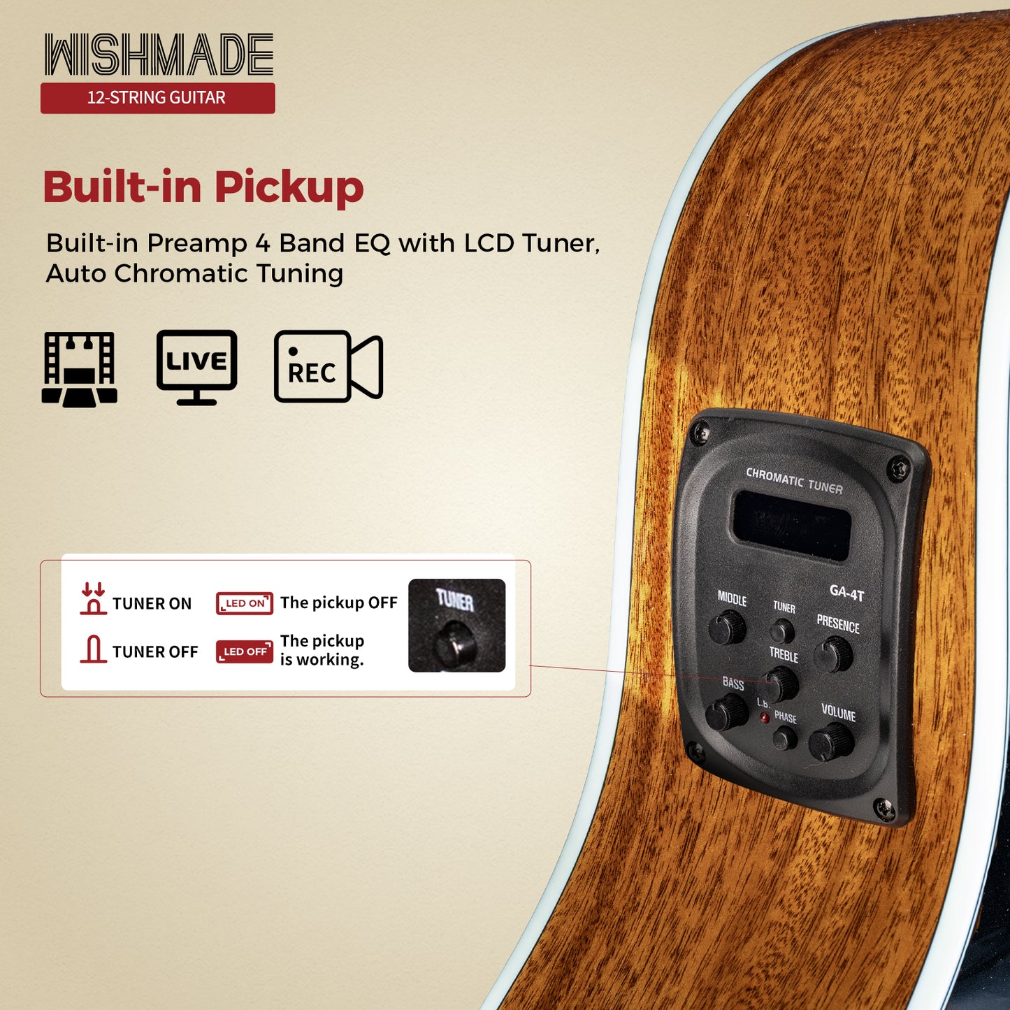 WishMade 12-String Acoustic-Electric Guitar with Spruce Top, Mahogany Back & Sides, Round Shoulder Cutaway and Dual Pickguards for Live Performance