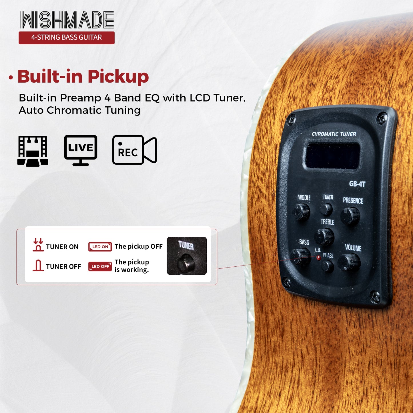 WishMade Acoustic Electric Bass Guitar,Sitka Spruce Top, Mahogany Fingerboard and Back&Sides, Suitable for Beginners and Adults