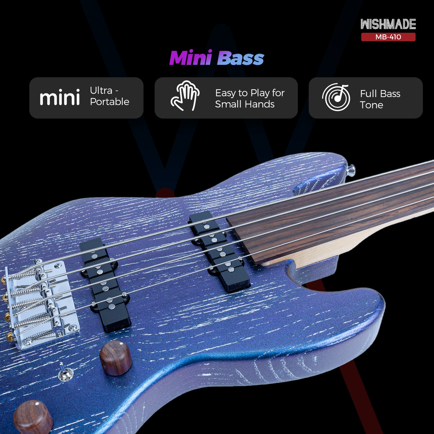 Wishmade Fretless Mini Bass Guitar,Portable Small Size Guitar with Gigbag,Maple Neck,HH.