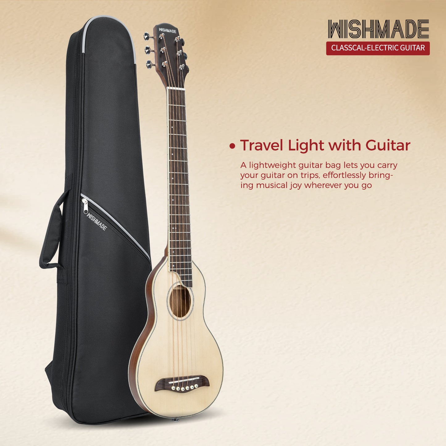 WishMade Small Body Acoustic Travel Guitar Portable Steel Guitar for Camping and Road Trips Gig Bag