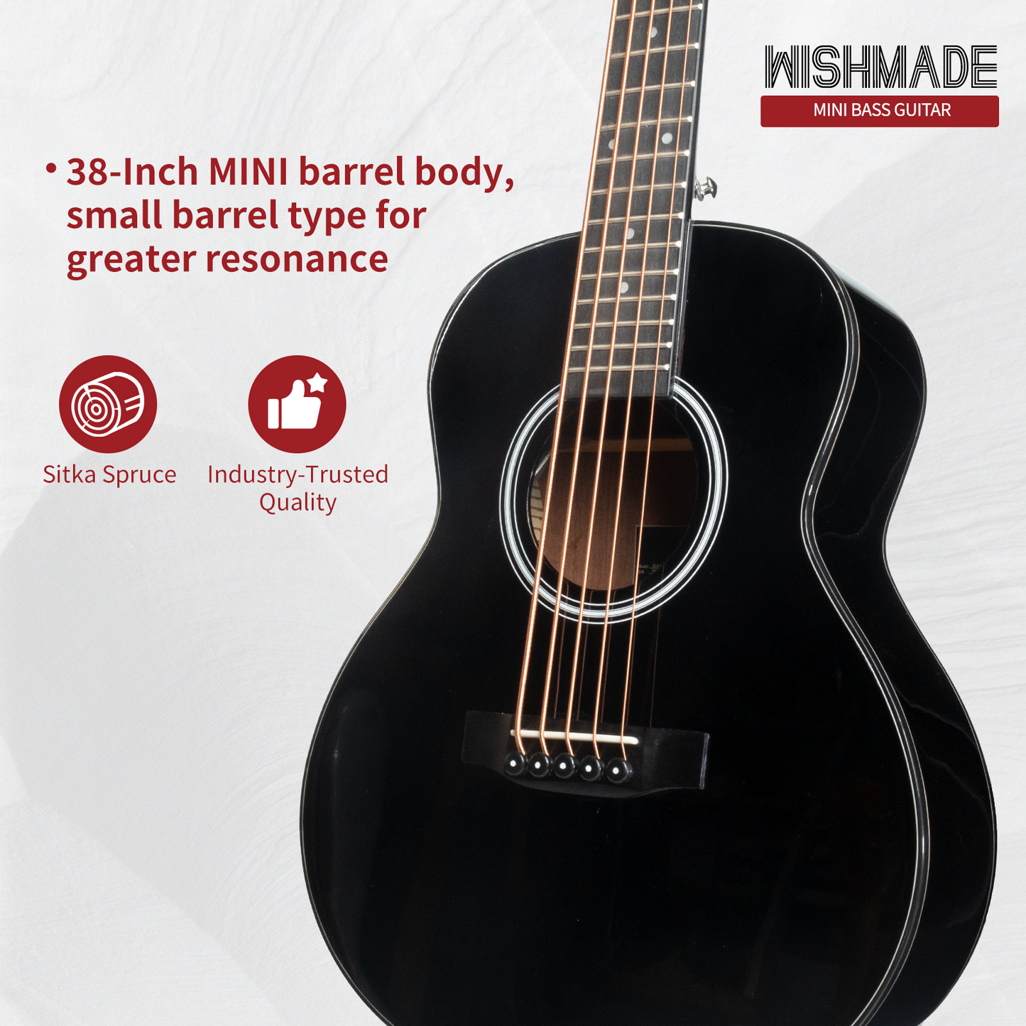 WISHMADE 3/4 Acoustic Bass Guitar 5 string bass guitar With Gig Bag  - Black Guitar Body Natural Wood Finish for Kids Bass Guitar & Beginner Guitar for Adults Youth Practice